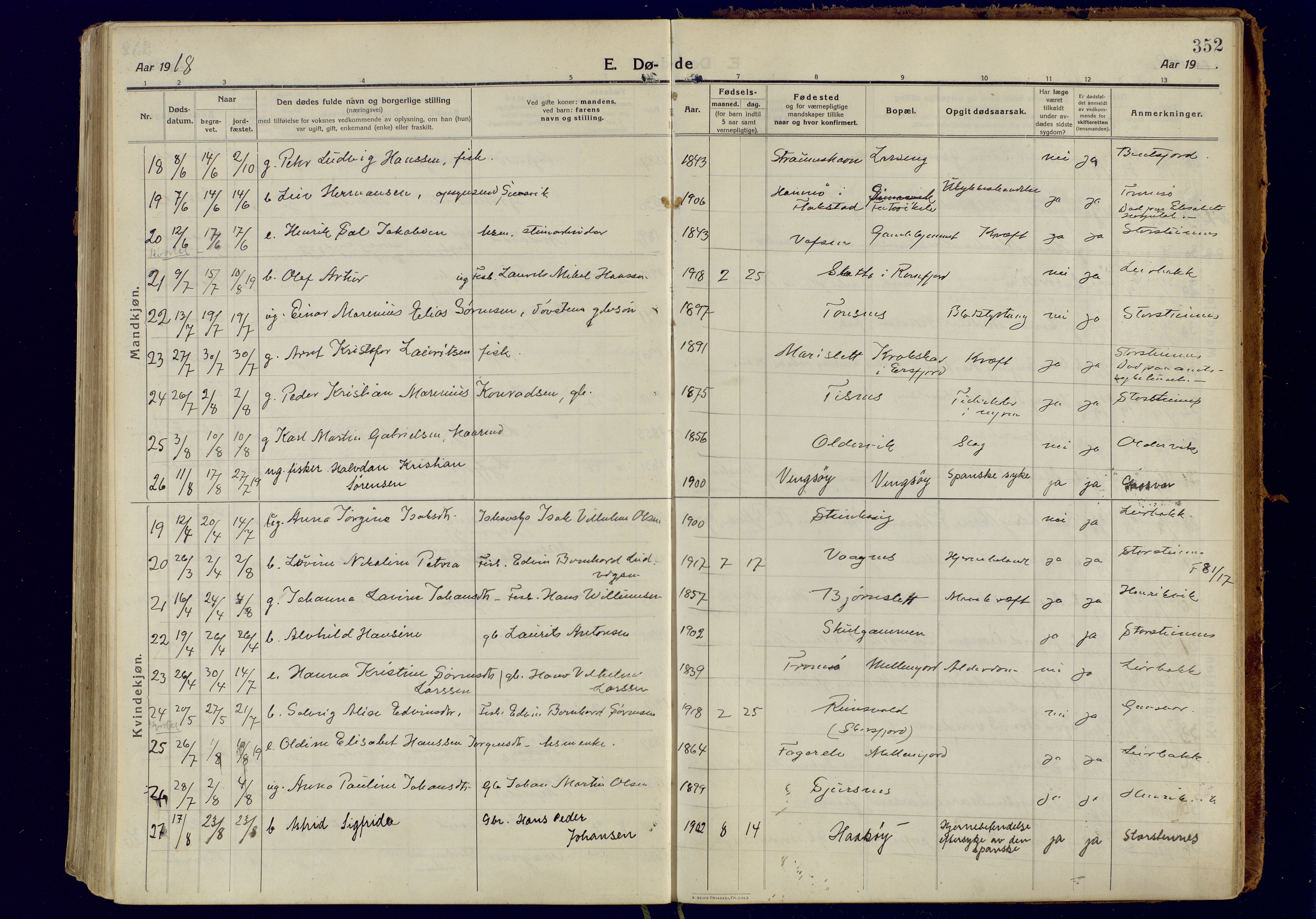 Tromsøysund sokneprestkontor, AV/SATØ-S-1304/G/Ga/L0008kirke: Parish register (official) no. 8, 1914-1922, p. 352