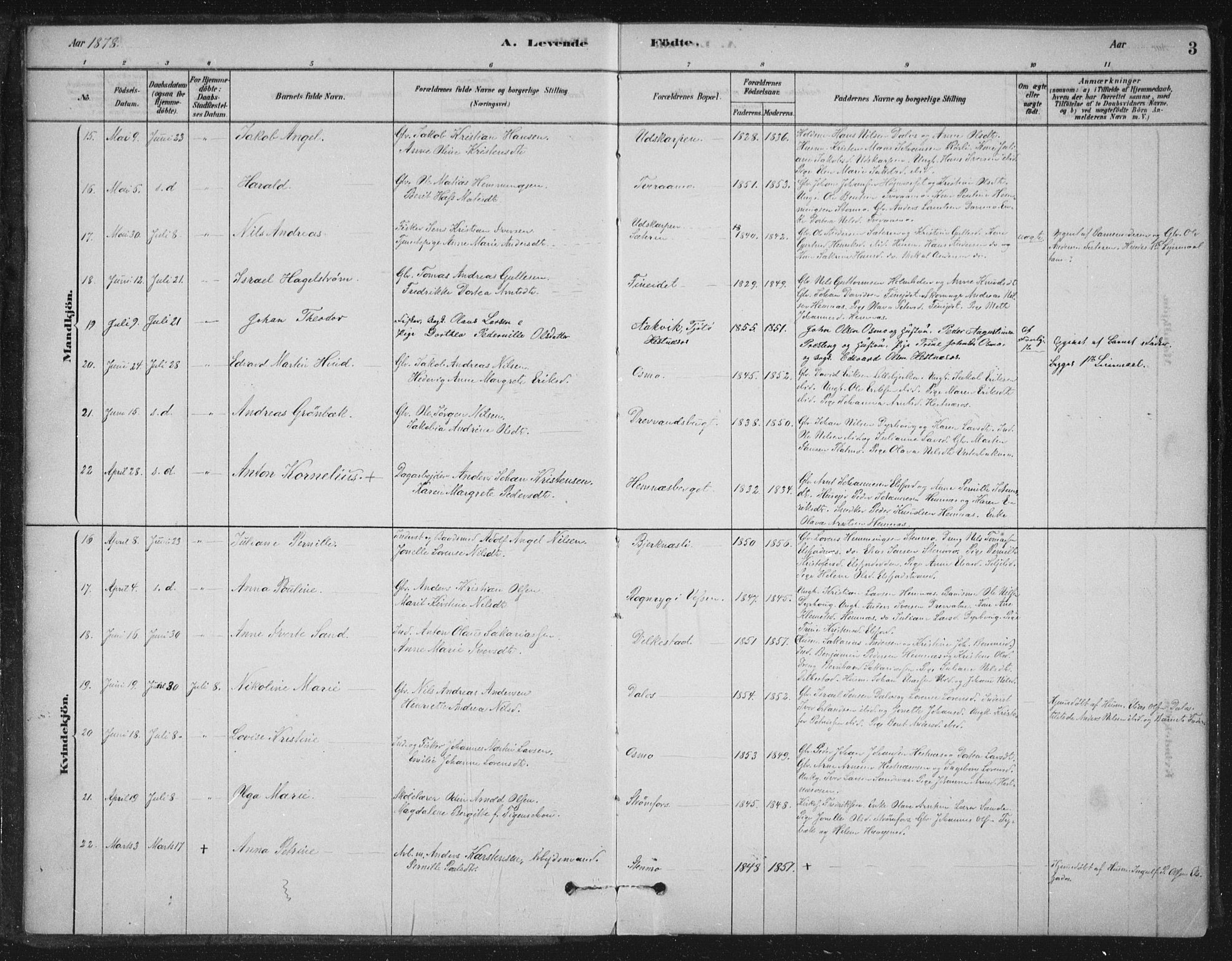 Ministerialprotokoller, klokkerbøker og fødselsregistre - Nordland, AV/SAT-A-1459/825/L0361: Parish register (official) no. 825A15, 1878-1893, p. 3