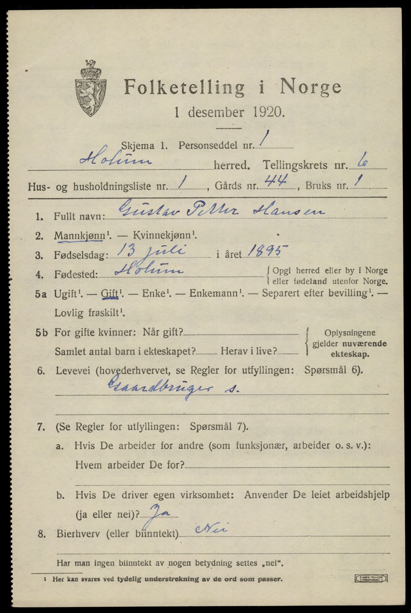 SAK, 1920 census for Holum, 1920, p. 2287