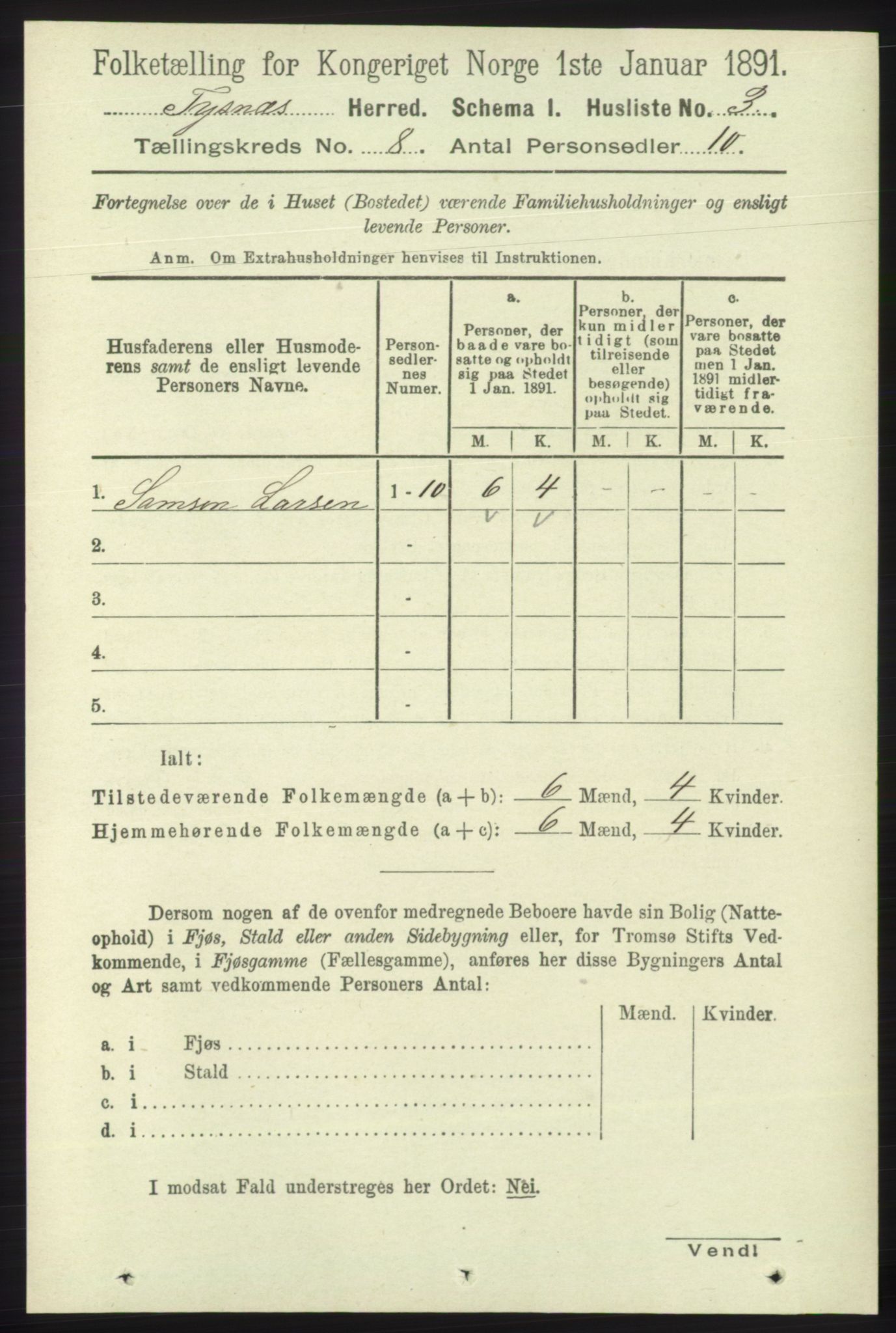 RA, 1891 census for 1223 Tysnes, 1891, p. 3580