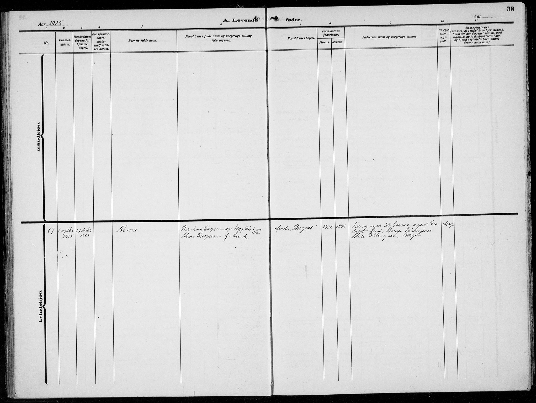 Birkeland Sokneprestembete, AV/SAB-A-74601/H/Hab: Parish register (copy) no. A  8, 1923-1933, p. 38