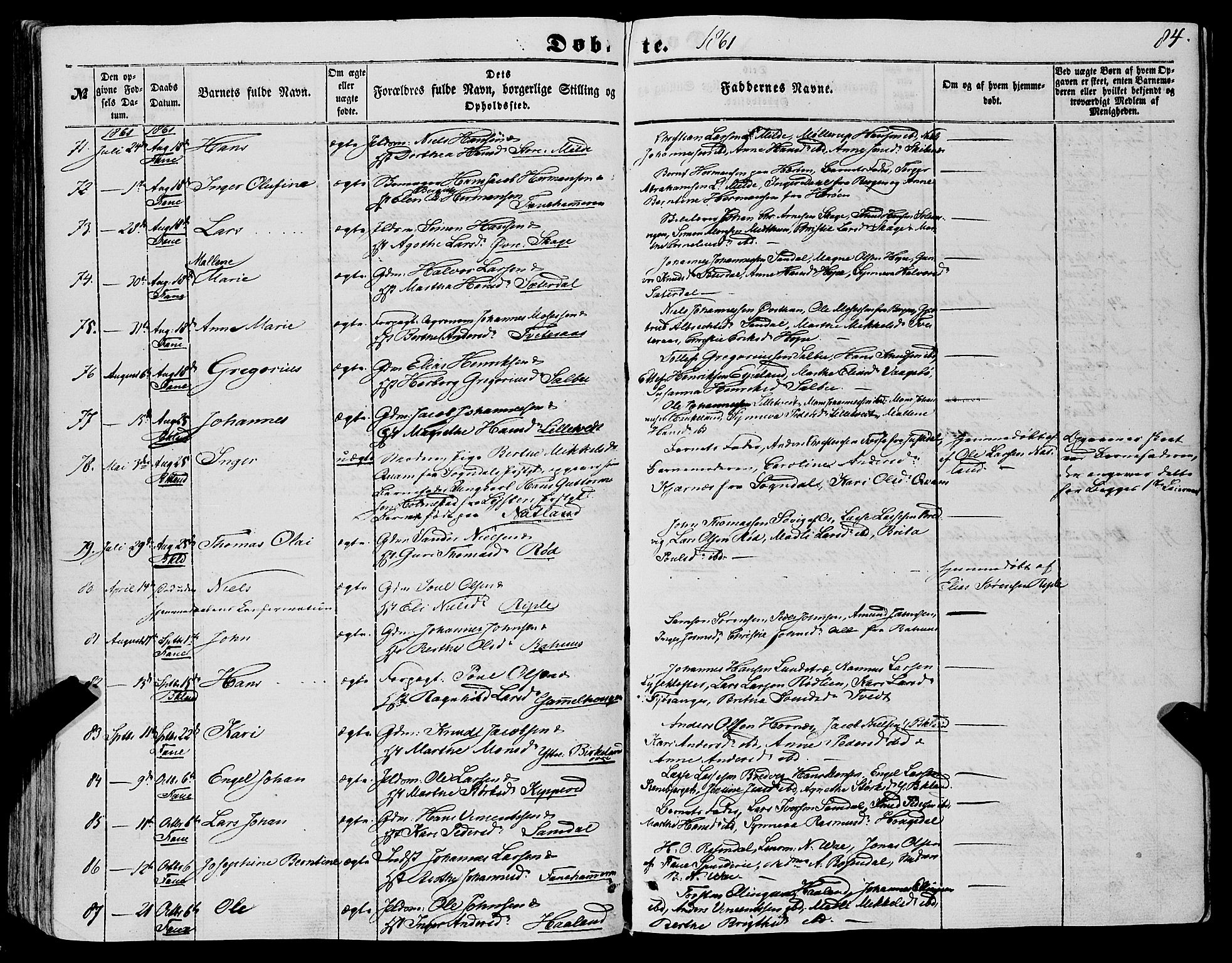 Fana Sokneprestembete, AV/SAB-A-75101/H/Haa/Haaa/L0011: Parish register (official) no. A 11, 1851-1862, p. 84