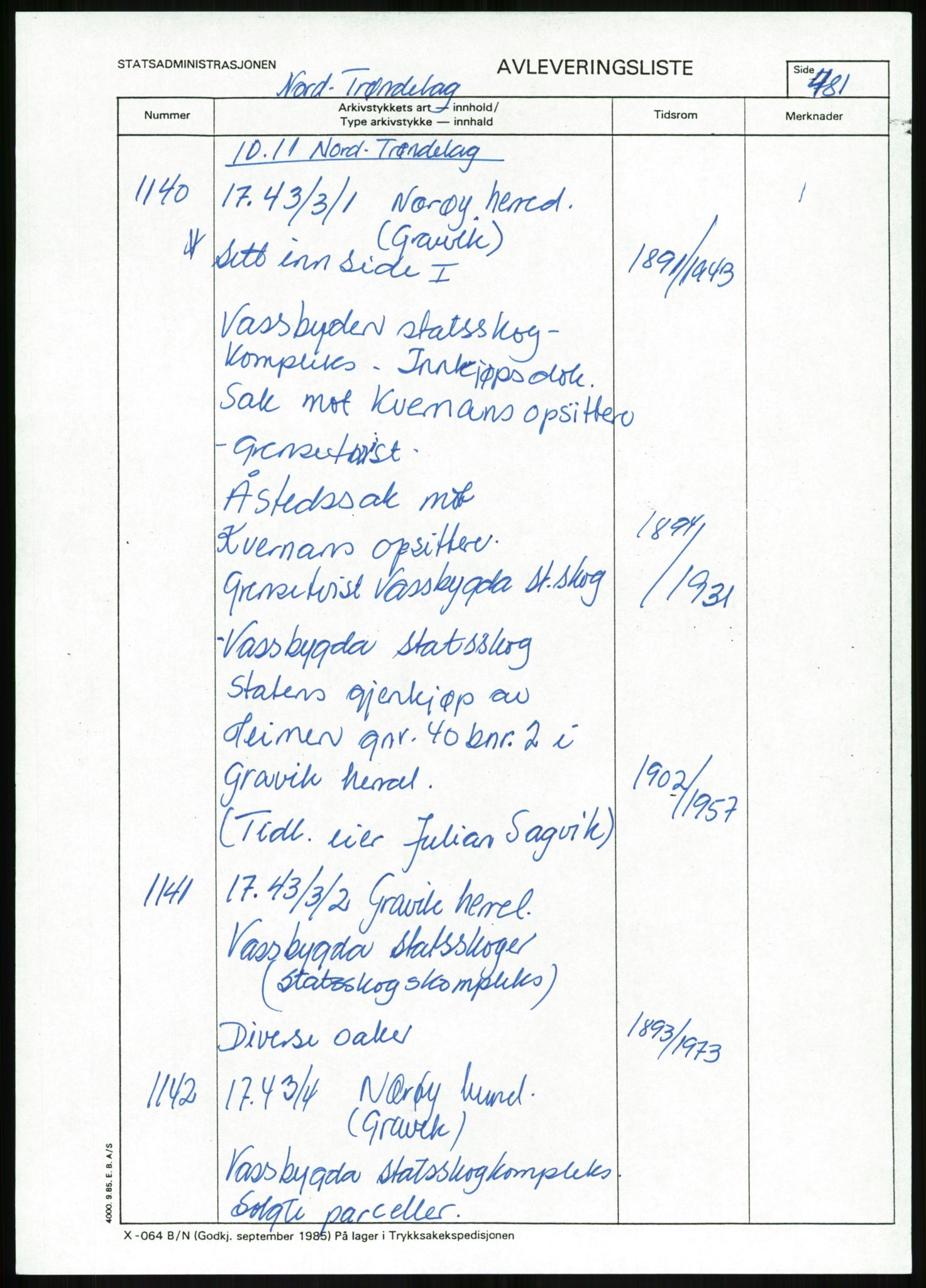 Direktoratet for statens skoger, AV/RA-S-1600/2/E/Eg/L0003: Arkivliste for 10.11-serien. Nord-Trøndelag til Finnmark fylke. Mappenr. 926 - 1505, 1957-1992, p. 174