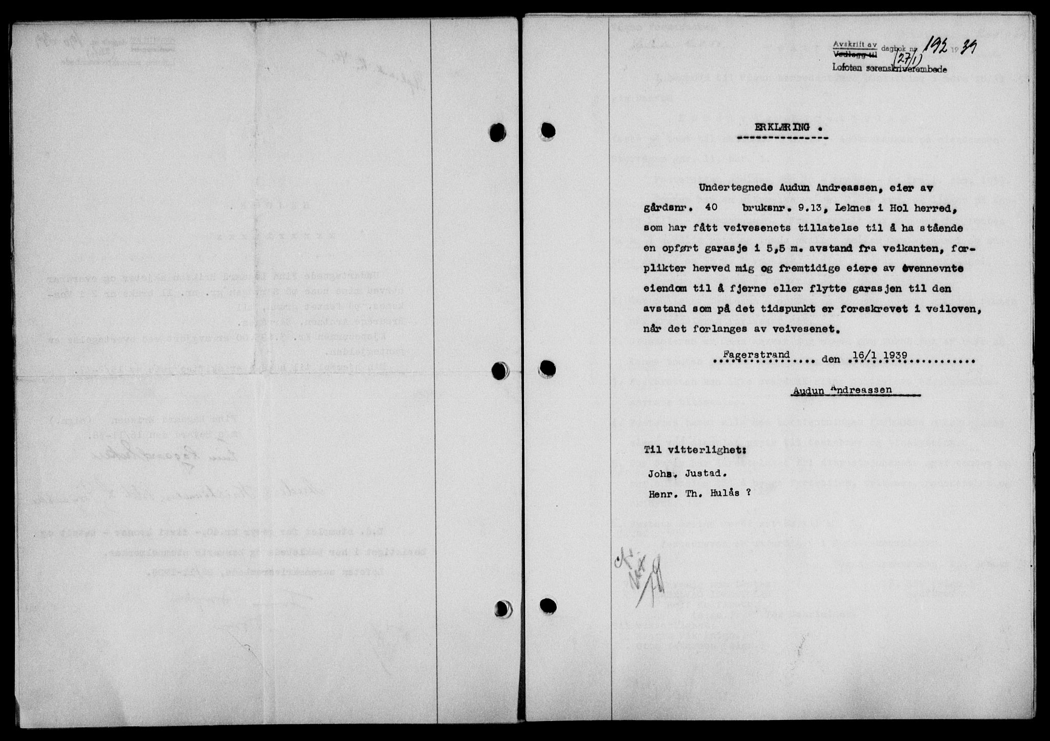 Lofoten sorenskriveri, SAT/A-0017/1/2/2C/L0005a: Mortgage book no. 5a, 1939-1939, Diary no: : 192/1939