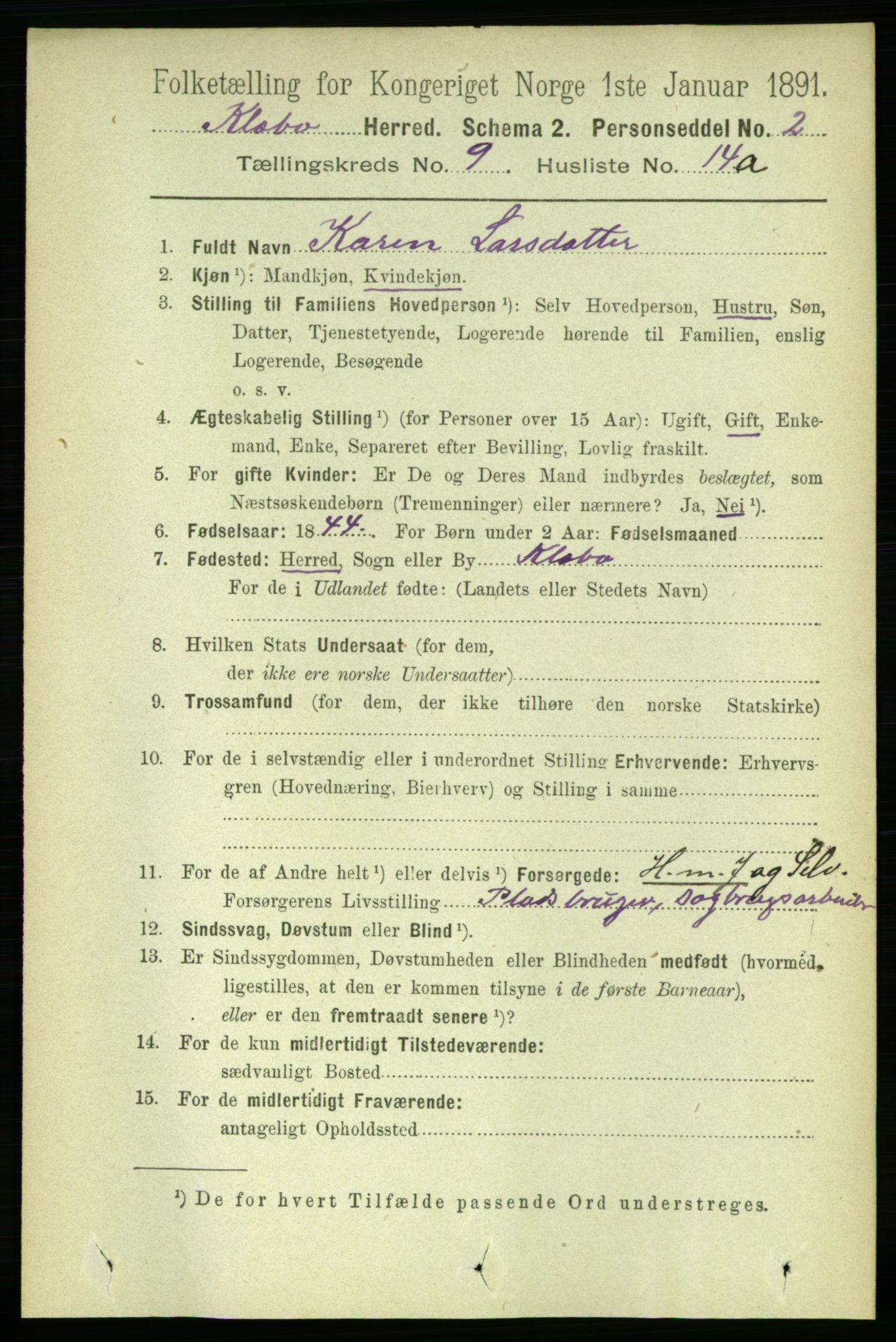 RA, 1891 census for 1662 Klæbu, 1891, p. 1825