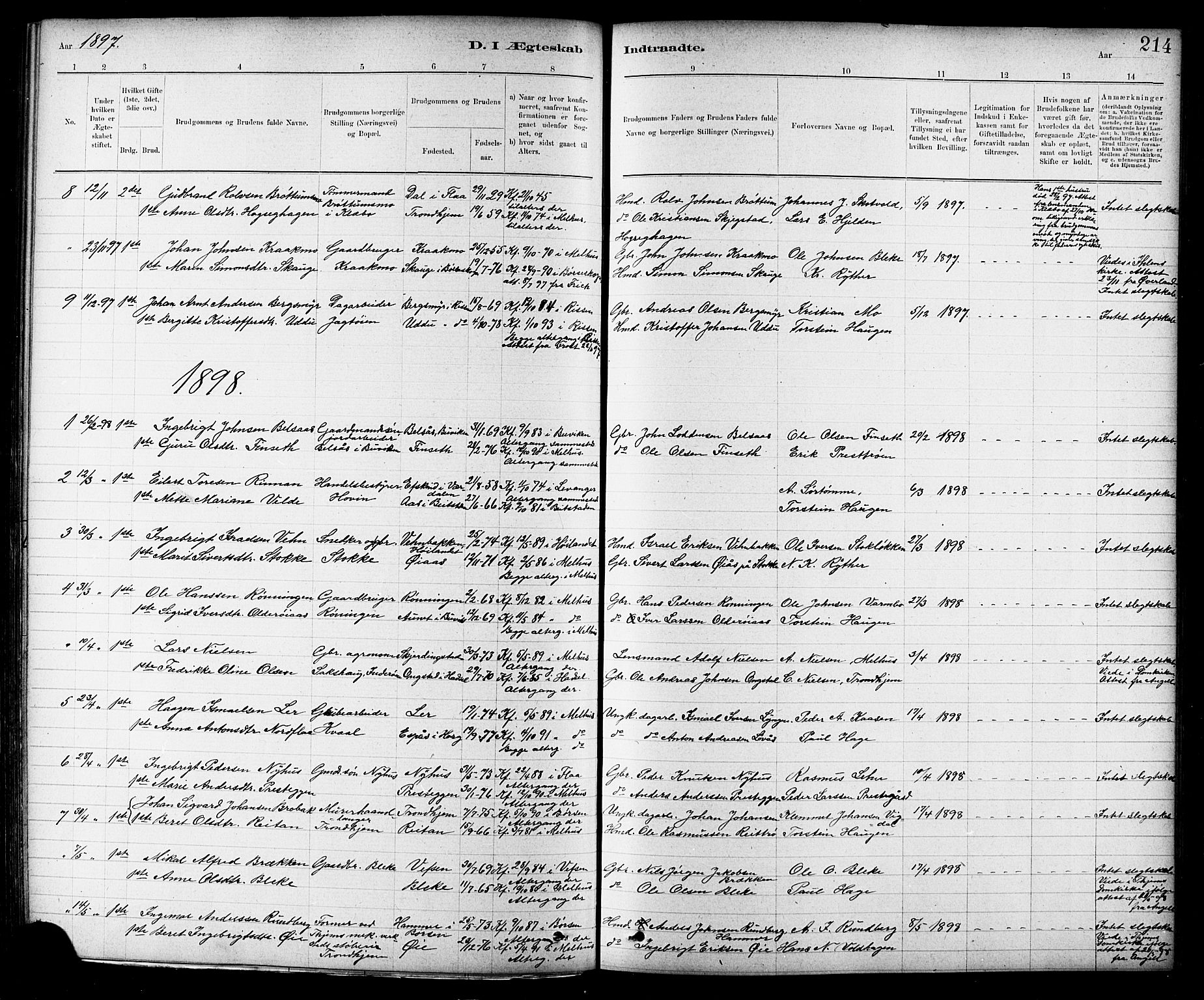 Ministerialprotokoller, klokkerbøker og fødselsregistre - Sør-Trøndelag, AV/SAT-A-1456/691/L1094: Parish register (copy) no. 691C05, 1879-1911, p. 214