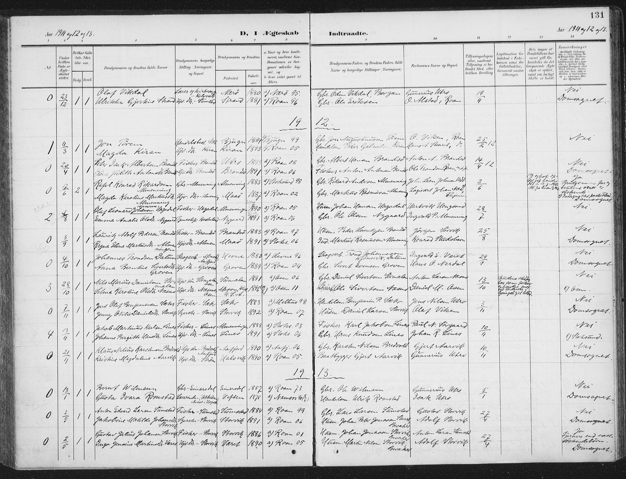 Ministerialprotokoller, klokkerbøker og fødselsregistre - Sør-Trøndelag, SAT/A-1456/657/L0709: Parish register (official) no. 657A10, 1905-1919, p. 131