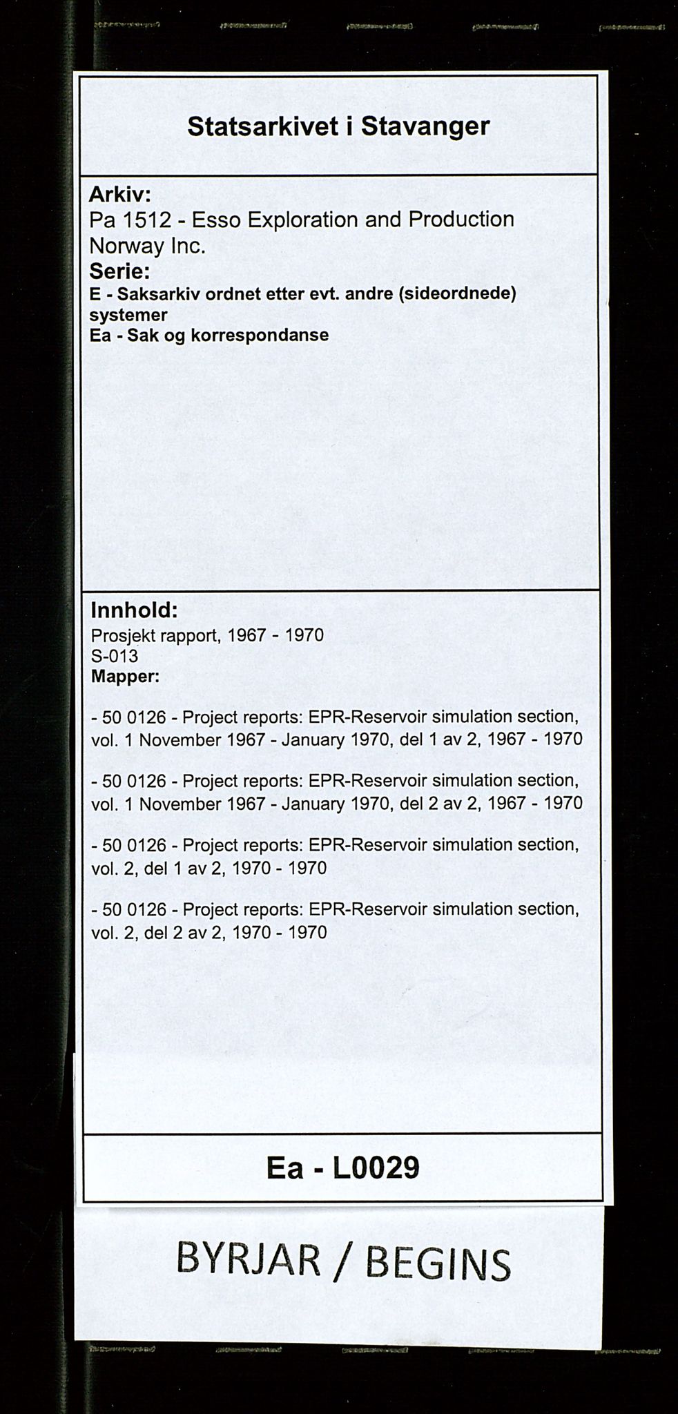 Pa 1512 - Esso Exploration and Production Norway Inc., AV/SAST-A-101917/E/Ea/L0029: Prosjekt rapport, 1967-1970, p. 1