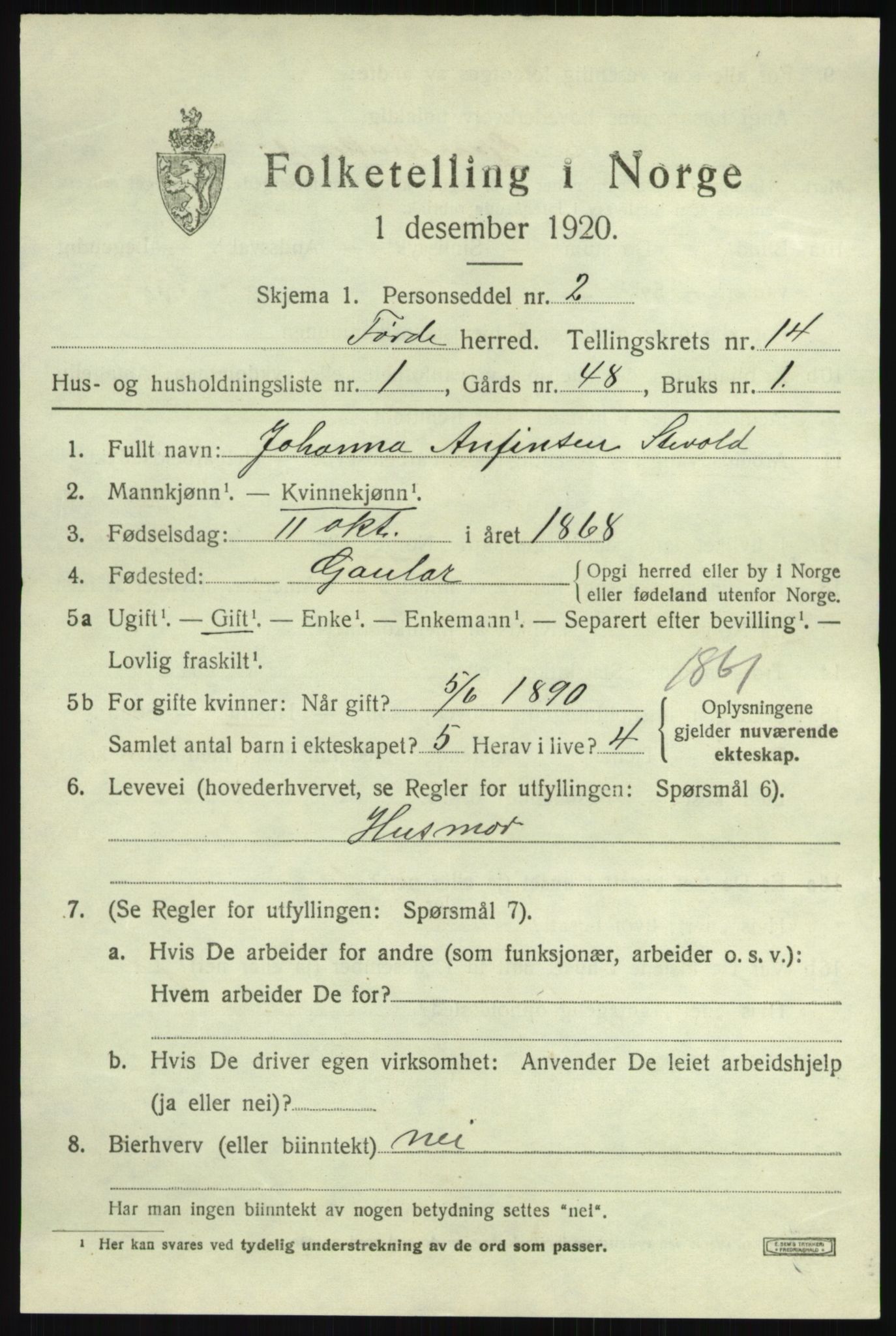 SAB, 1920 census for Førde, 1920, p. 4864