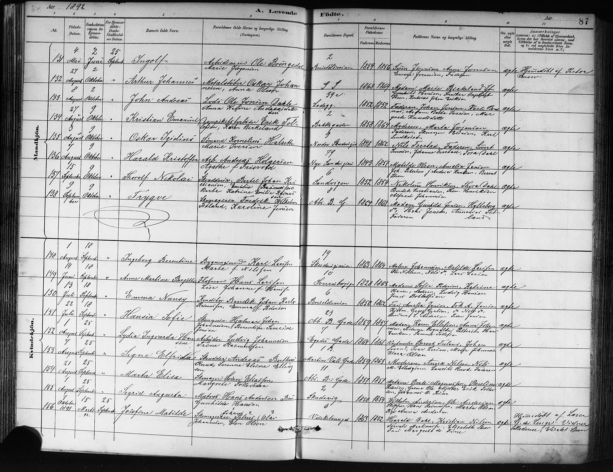 Sandviken Sokneprestembete, AV/SAB-A-77601/H/Hb/L0002: Parish register (copy) no. A 3, 1888-1902, p. 87