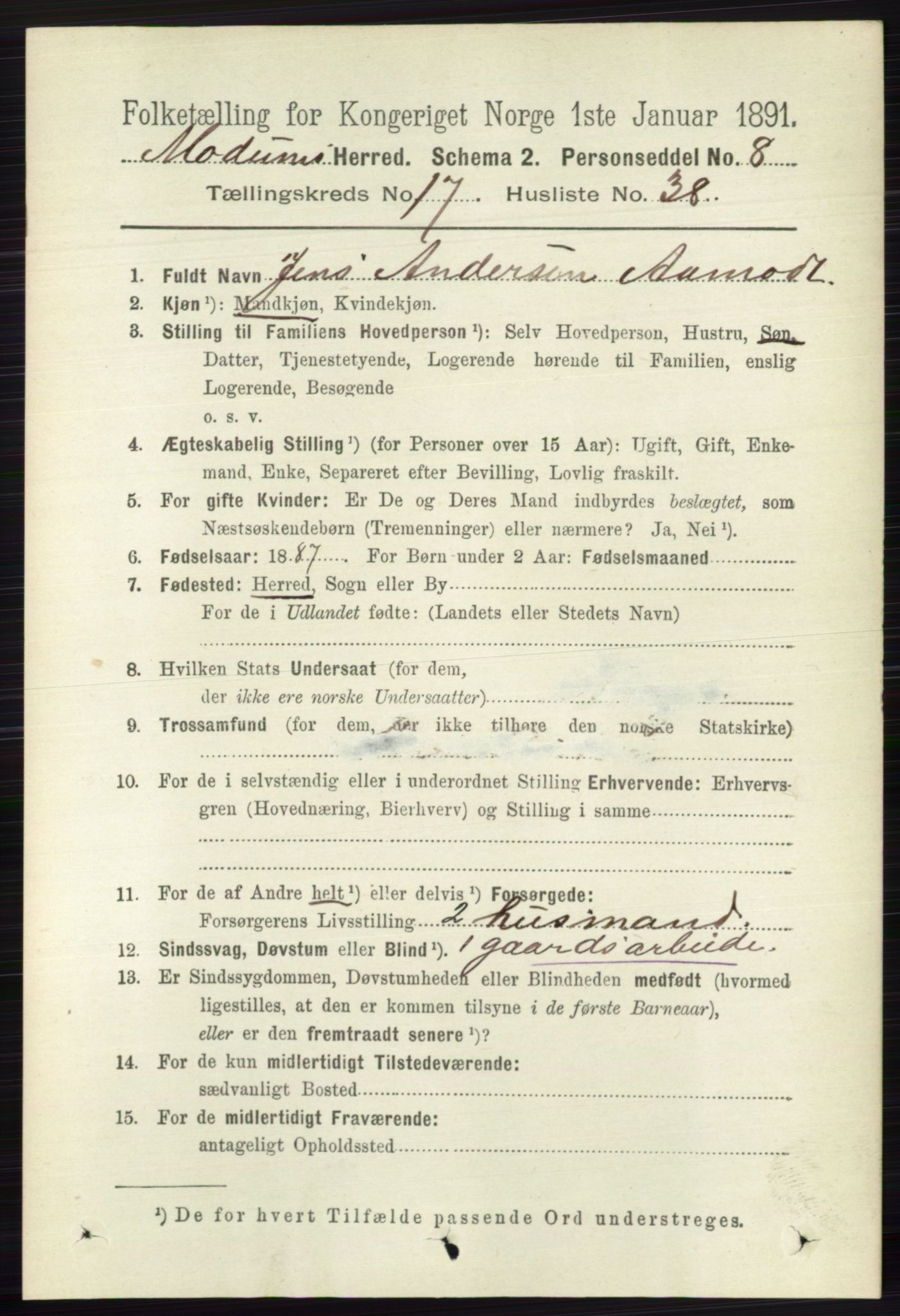 RA, 1891 census for 0623 Modum, 1891, p. 6836