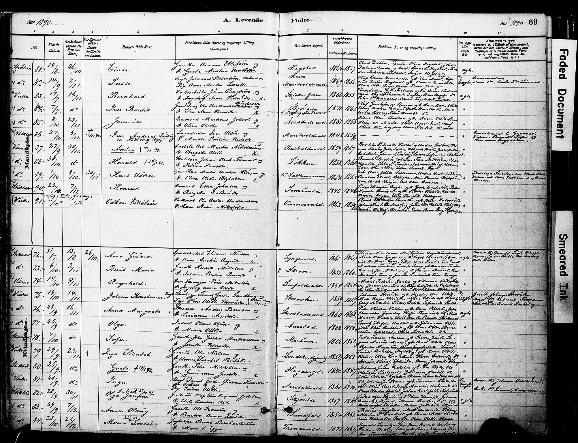 Ministerialprotokoller, klokkerbøker og fødselsregistre - Nord-Trøndelag, SAT/A-1458/723/L0244: Parish register (official) no. 723A13, 1881-1899, p. 69