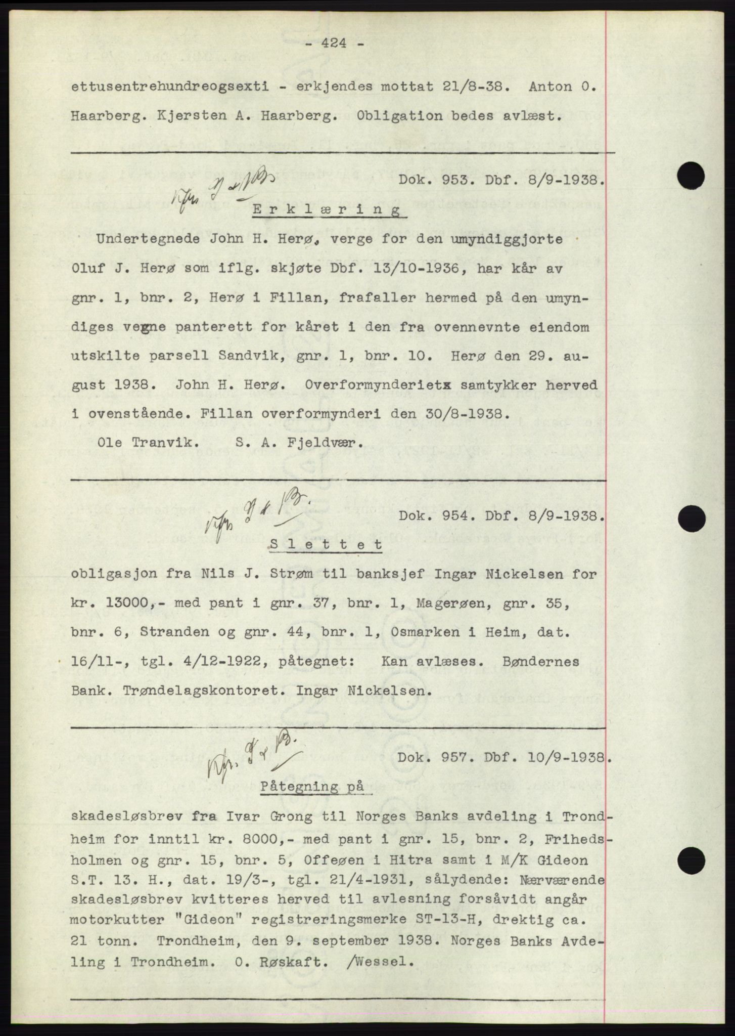 Hitra sorenskriveri, AV/SAT-A-0018/2/2C/2Ca: Mortgage book no. C1, 1936-1945, Diary no: : 953/1938