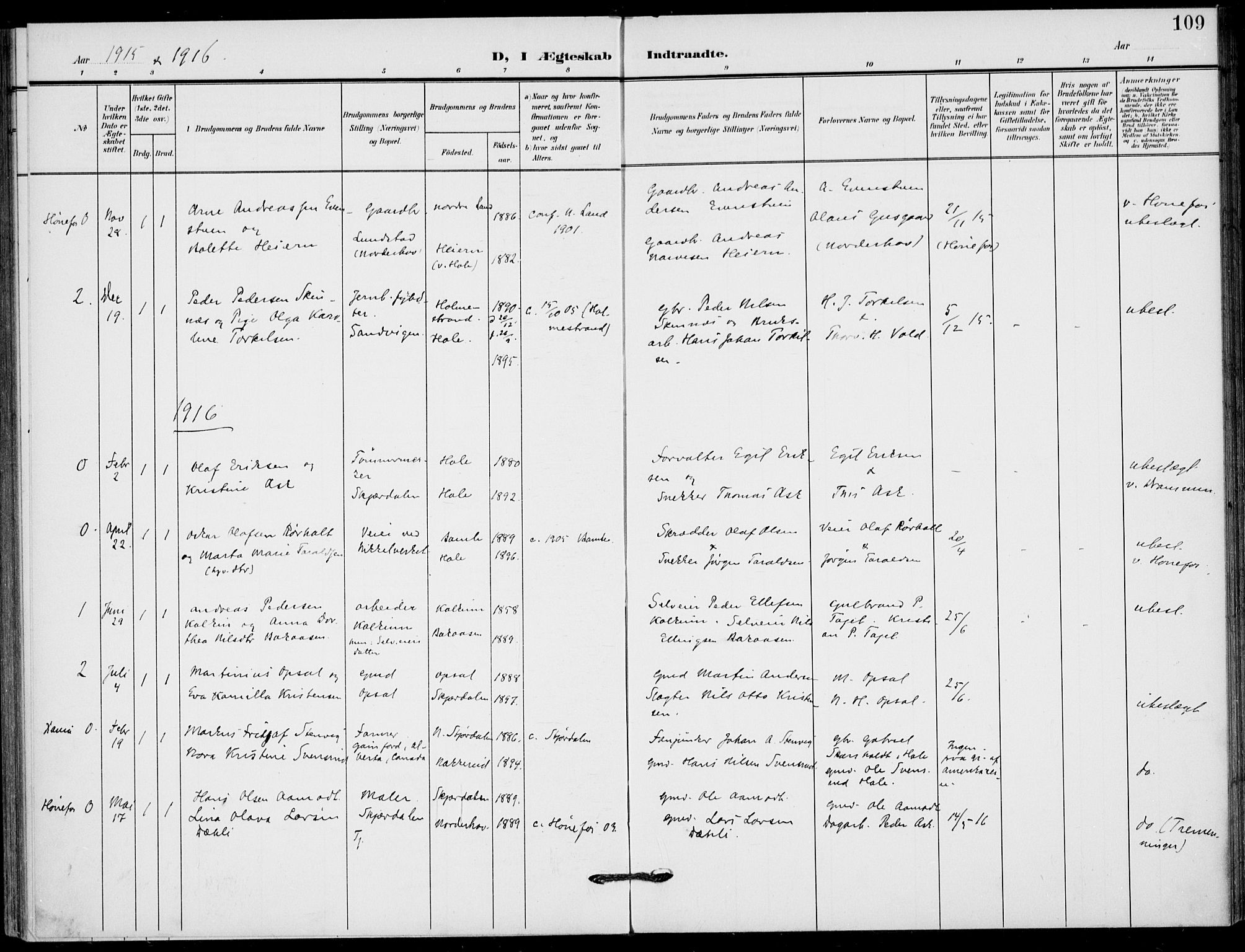 Hole kirkebøker, AV/SAKO-A-228/F/Fb/L0003: Parish register (official) no. II 3, 1906-1916, p. 109