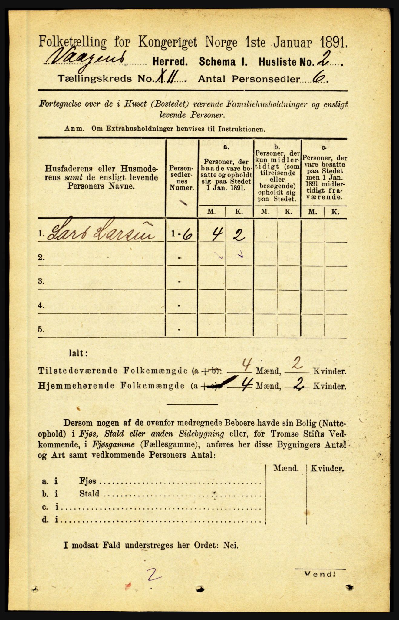 RA, 1891 census for 1865 Vågan, 1891, p. 2835