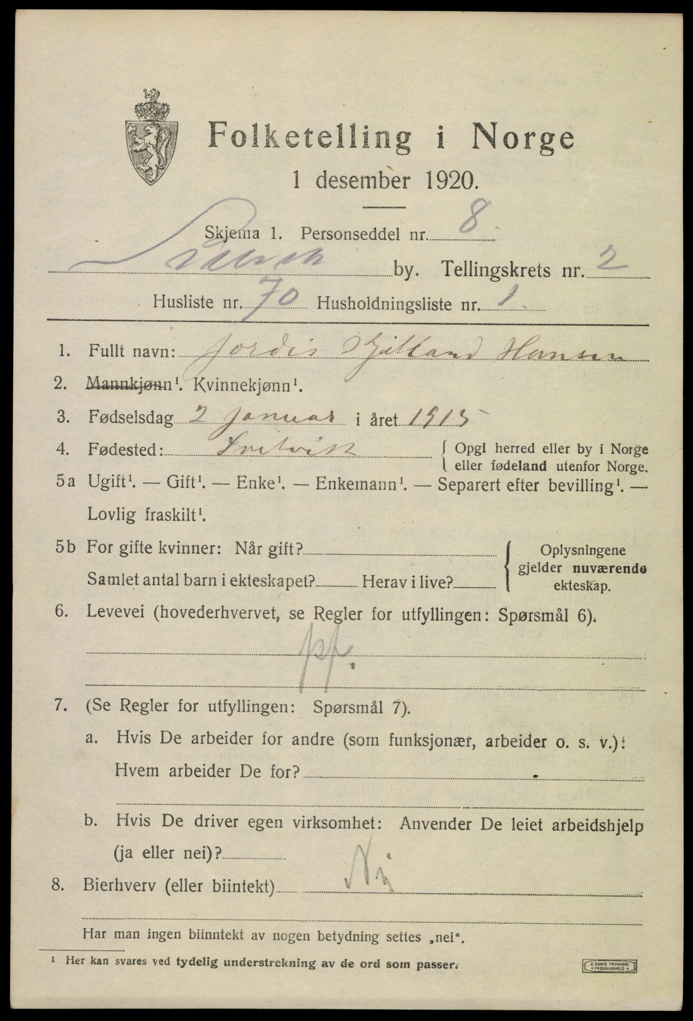 SAKO, 1920 census for Svelvik, 1920, p. 3127