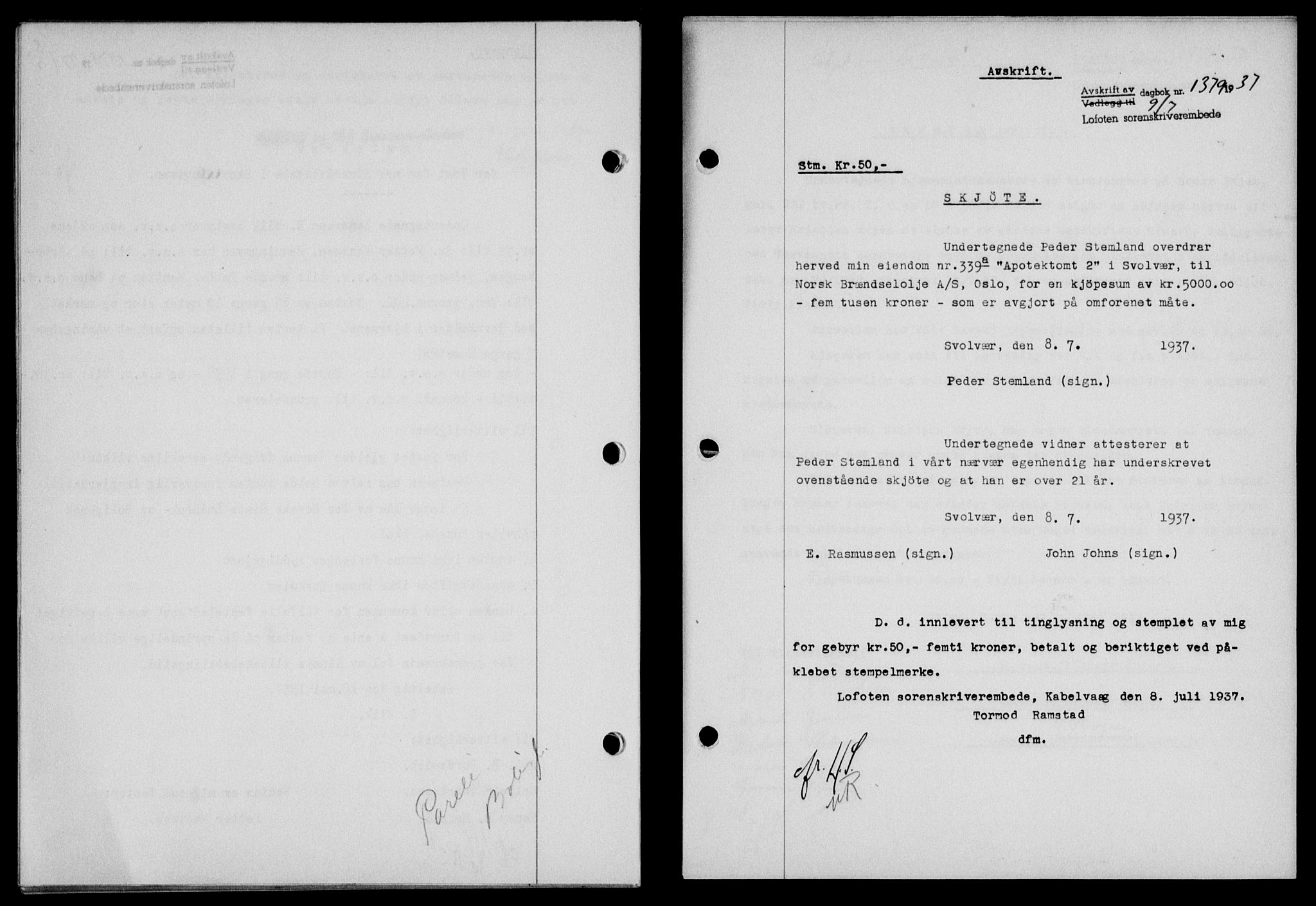 Lofoten sorenskriveri, SAT/A-0017/1/2/2C/L0002a: Mortgage book no. 2a, 1937-1937, Diary no: : 1379/1937