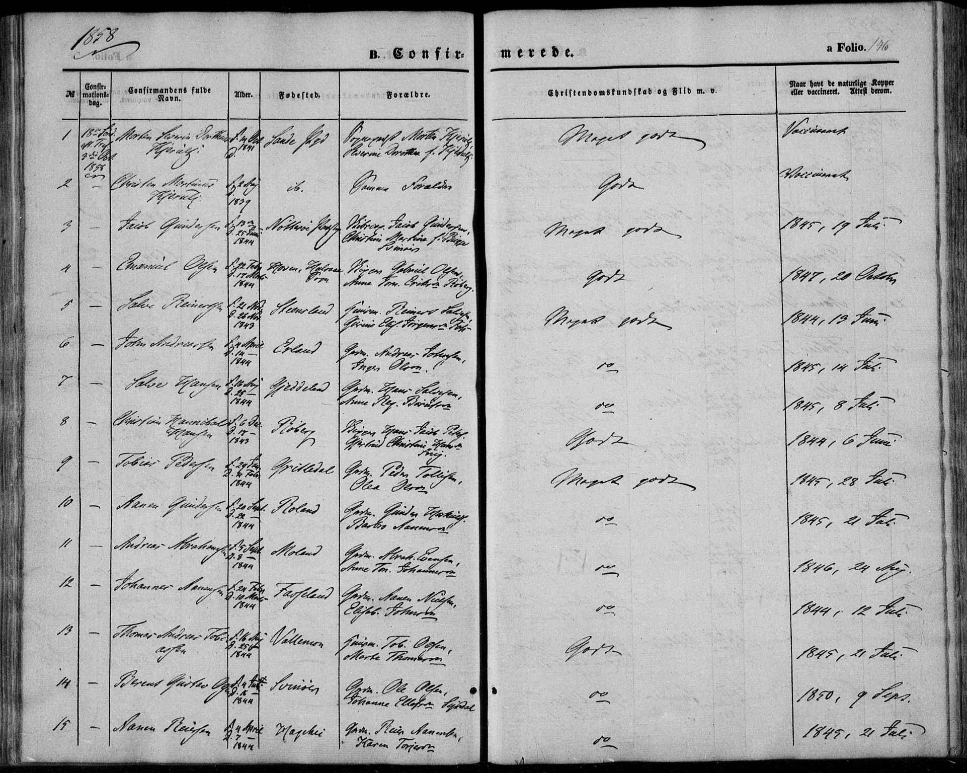 Sør-Audnedal sokneprestkontor, SAK/1111-0039/F/Fa/Fab/L0007: Parish register (official) no. A 7, 1855-1876, p. 146