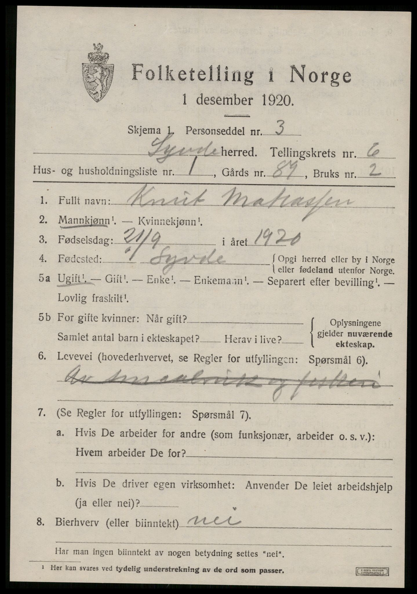 SAT, 1920 census for Syvde, 1920, p. 2032