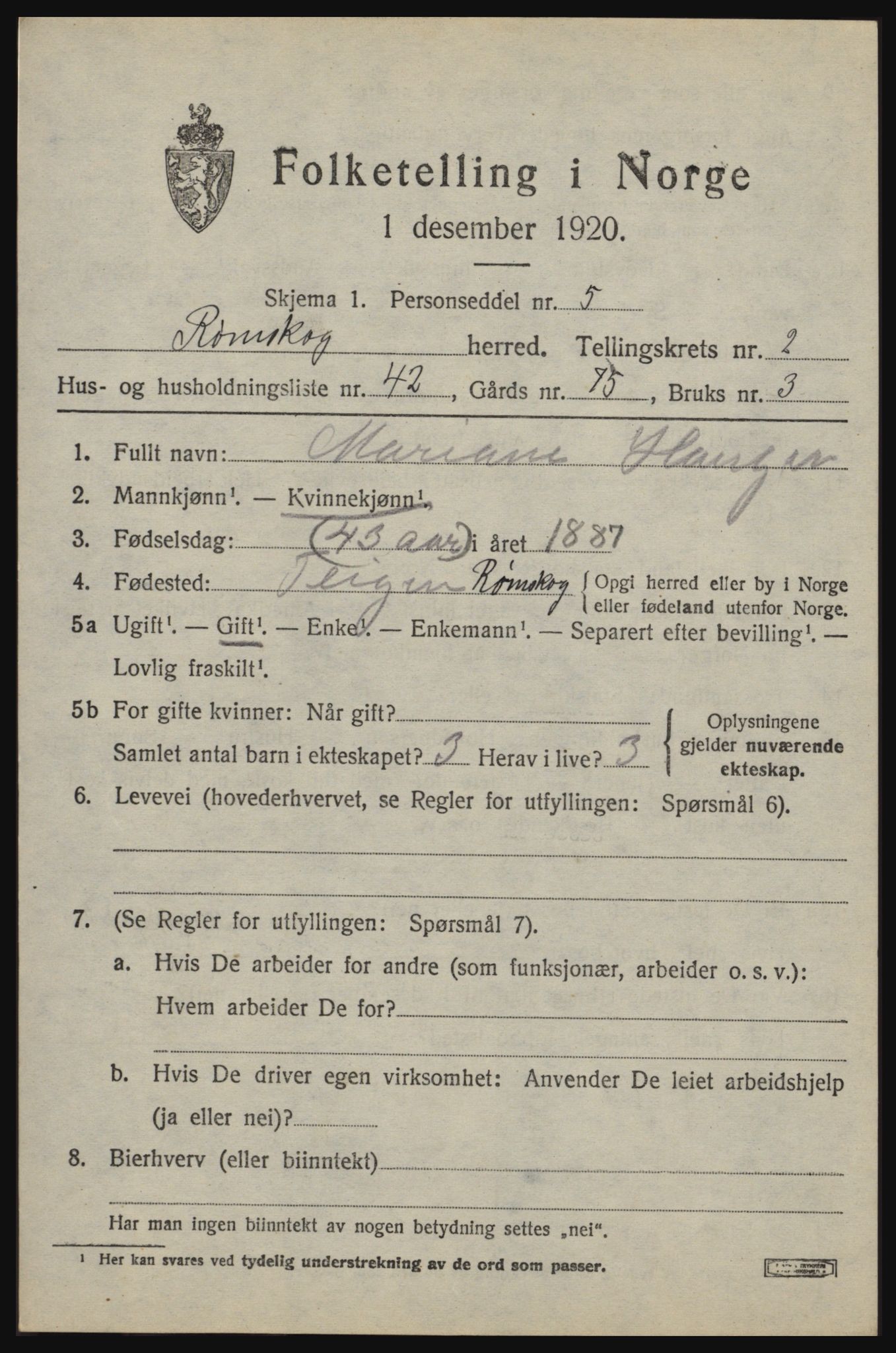 SAO, 1920 census for Rømskog, 1920, p. 988