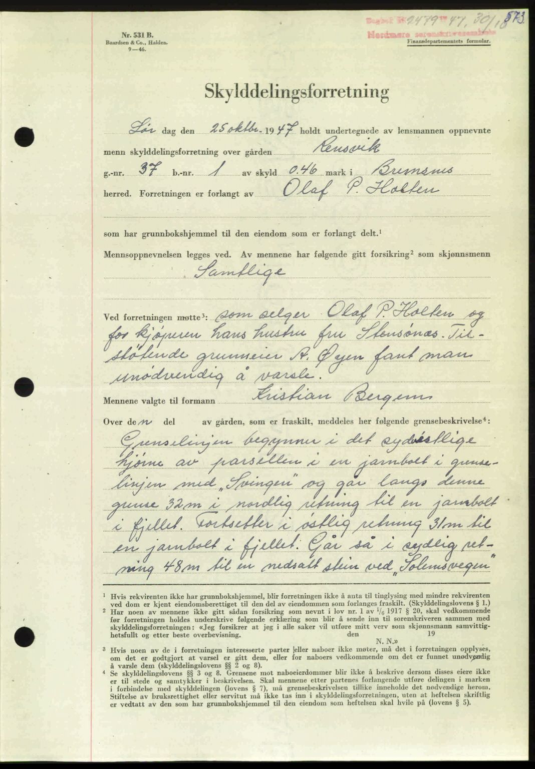 Nordmøre sorenskriveri, AV/SAT-A-4132/1/2/2Ca: Mortgage book no. A106, 1947-1947, Diary no: : 2479/1947