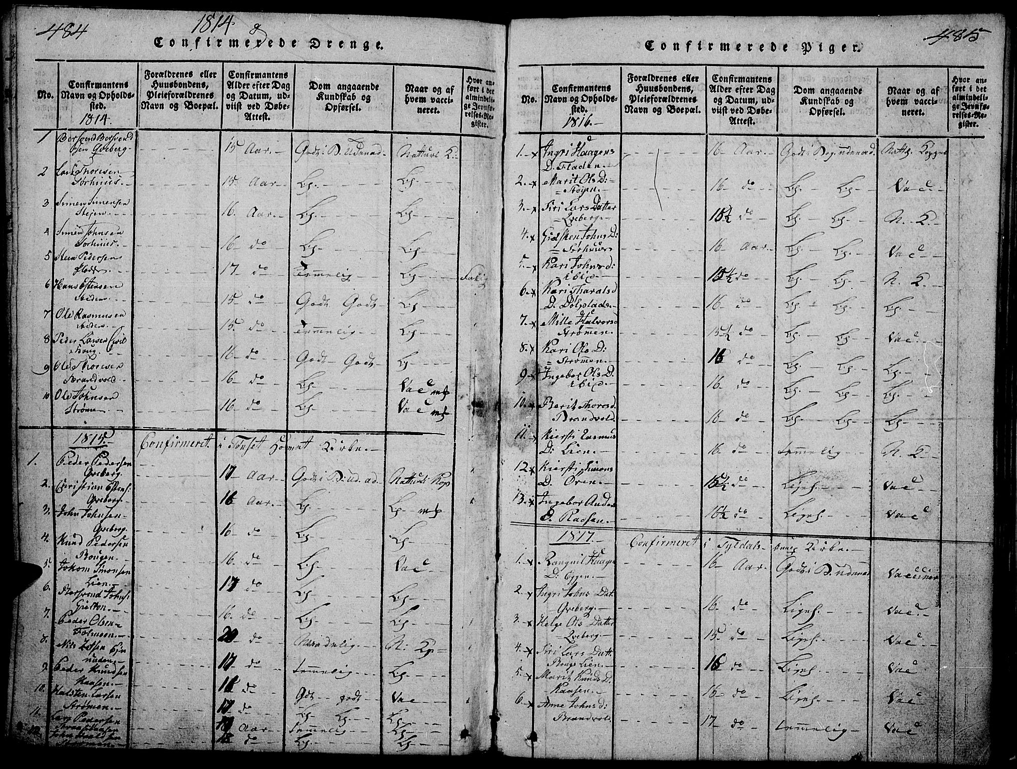 Tynset prestekontor, SAH/PREST-058/H/Ha/Hab/L0002: Parish register (copy) no. 2, 1814-1862, p. 484-485