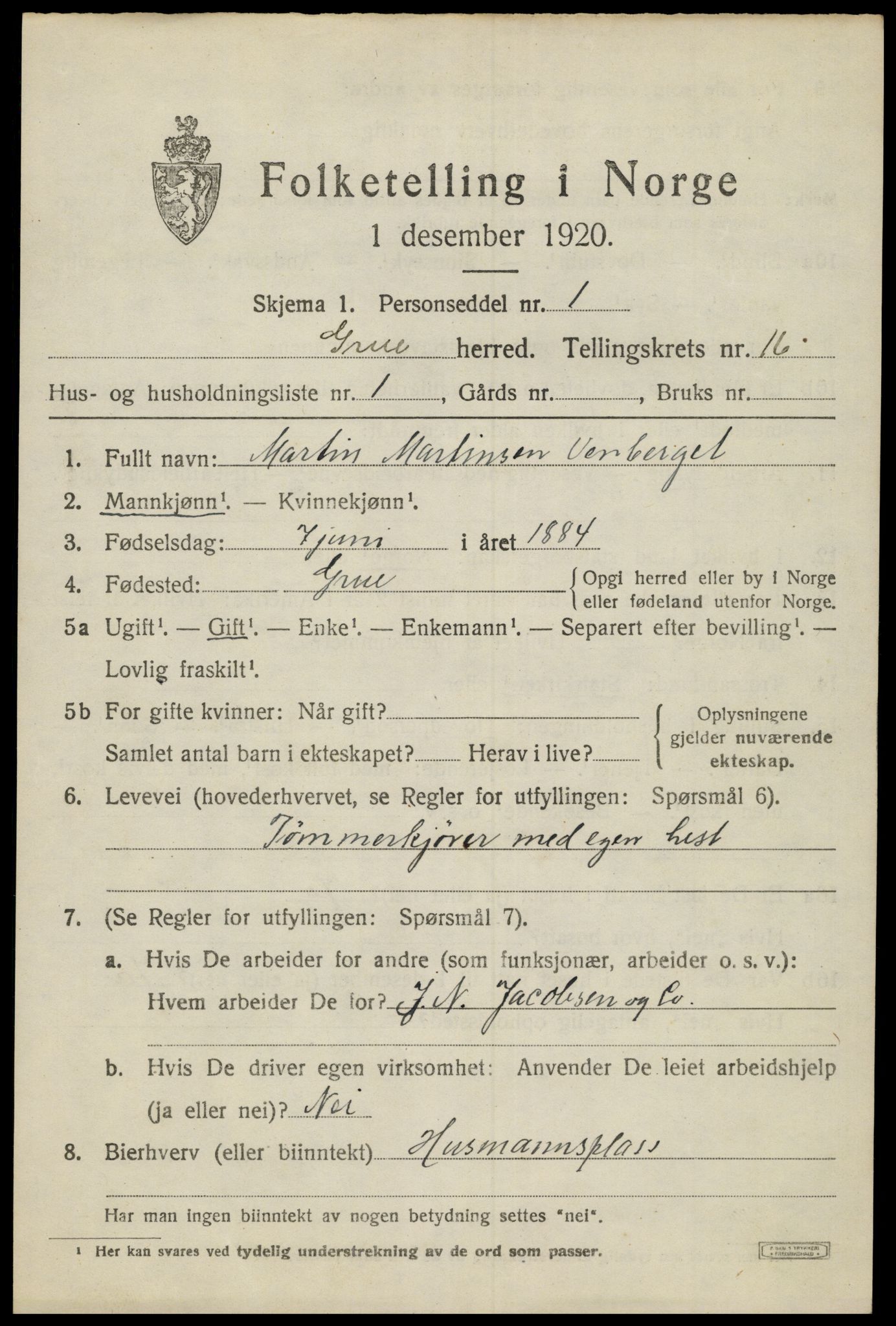 SAH, 1920 census for Grue, 1920, p. 13479