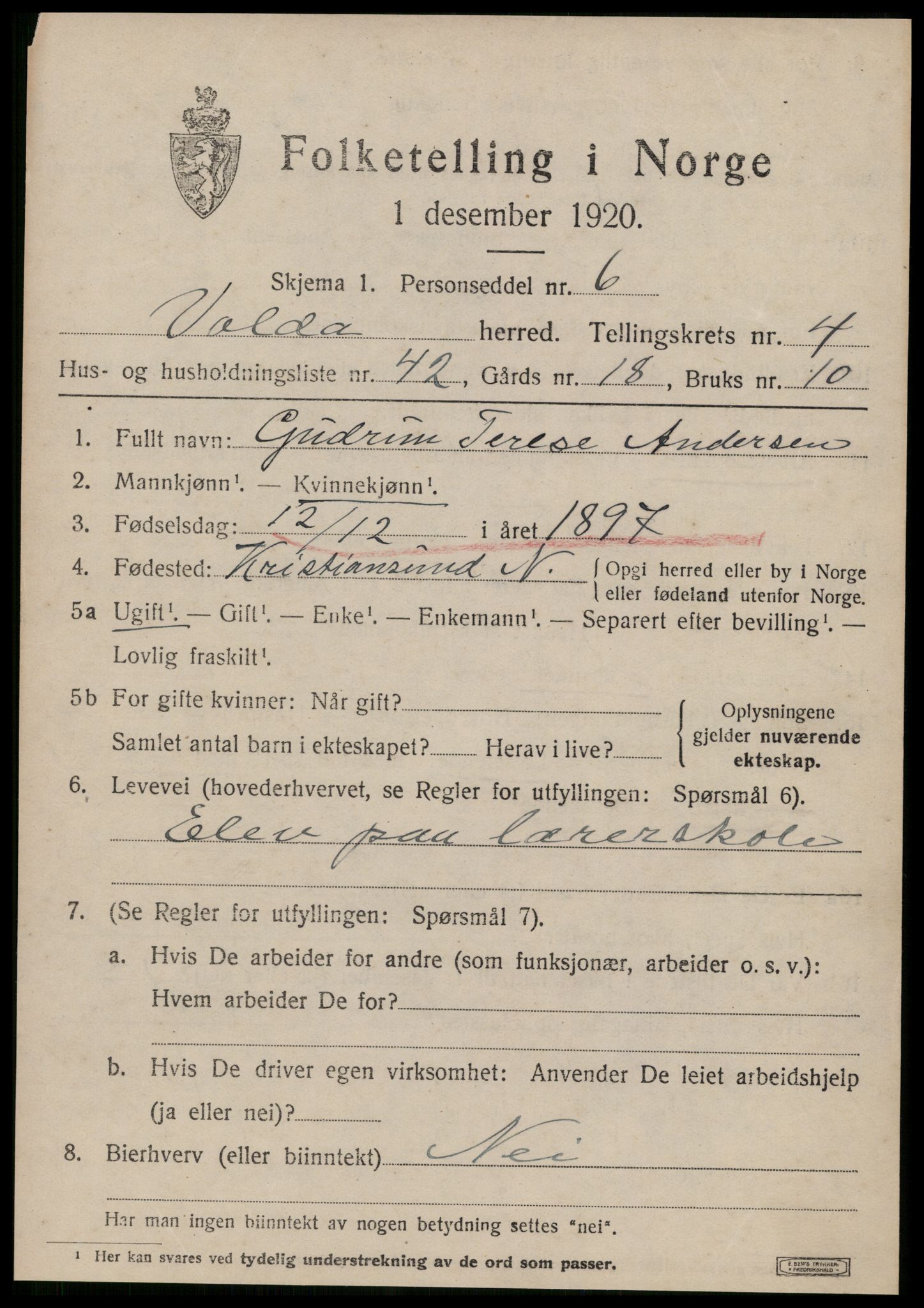 SAT, 1920 census for Volda, 1920, p. 3686