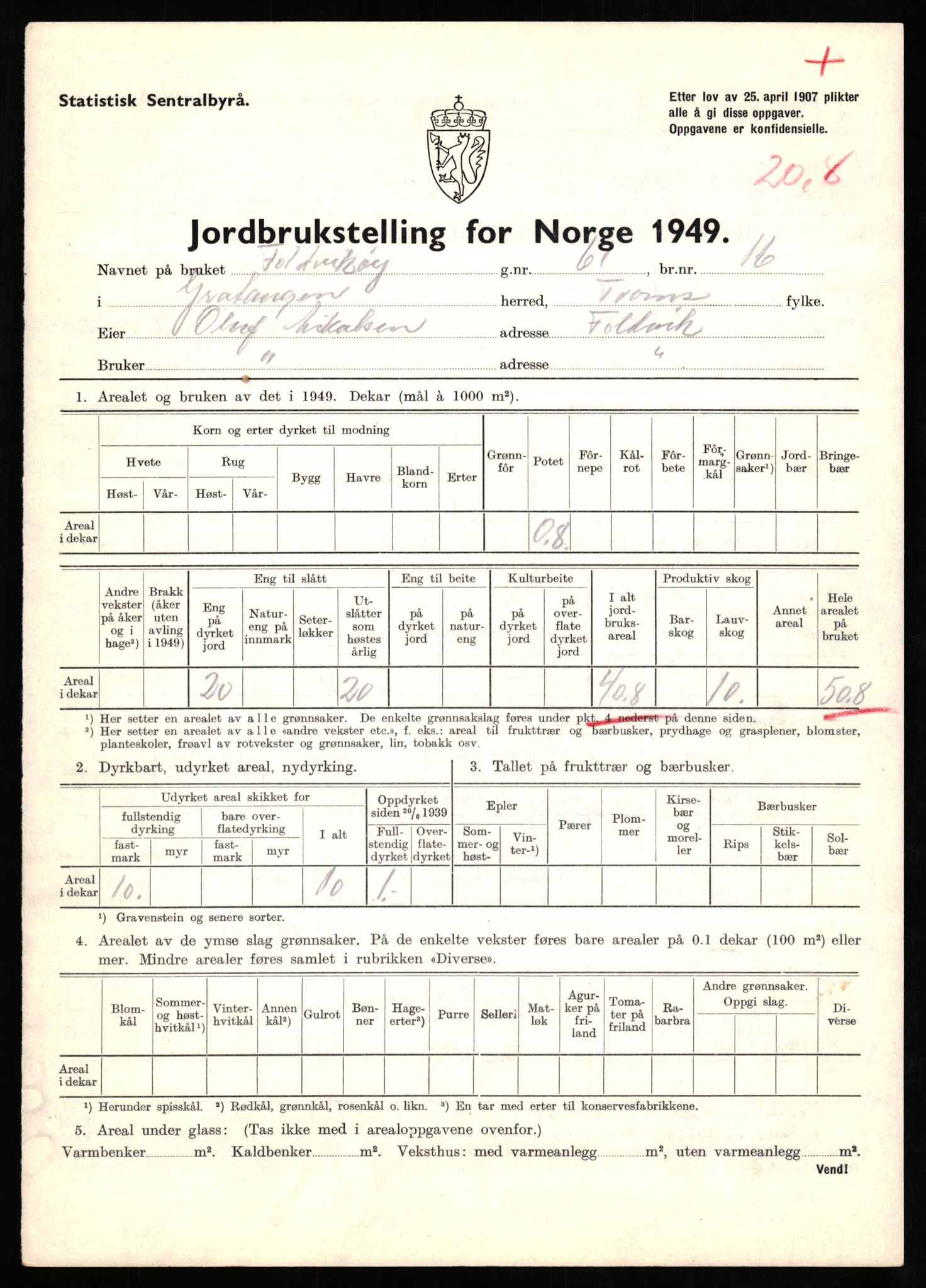 Statistisk sentralbyrå, Næringsøkonomiske emner, Jordbruk, skogbruk, jakt, fiske og fangst, AV/RA-S-2234/G/Gc/L0437: Troms: Gratangen og Lavangen, 1949, p. 1129