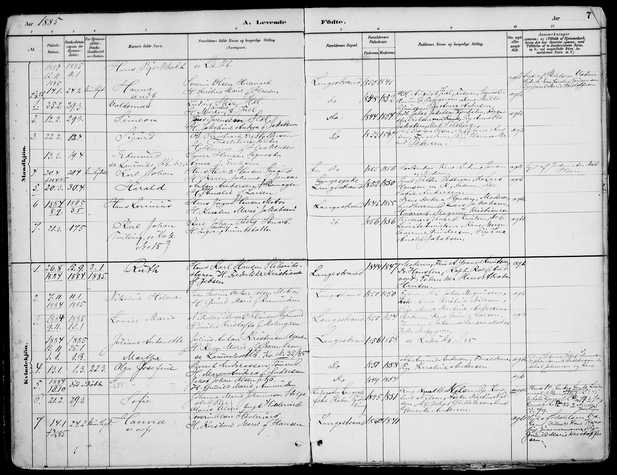 Larvik kirkebøker, AV/SAKO-A-352/F/Fb/L0004: Parish register (official) no. II 4, 1884-1902, p. 7