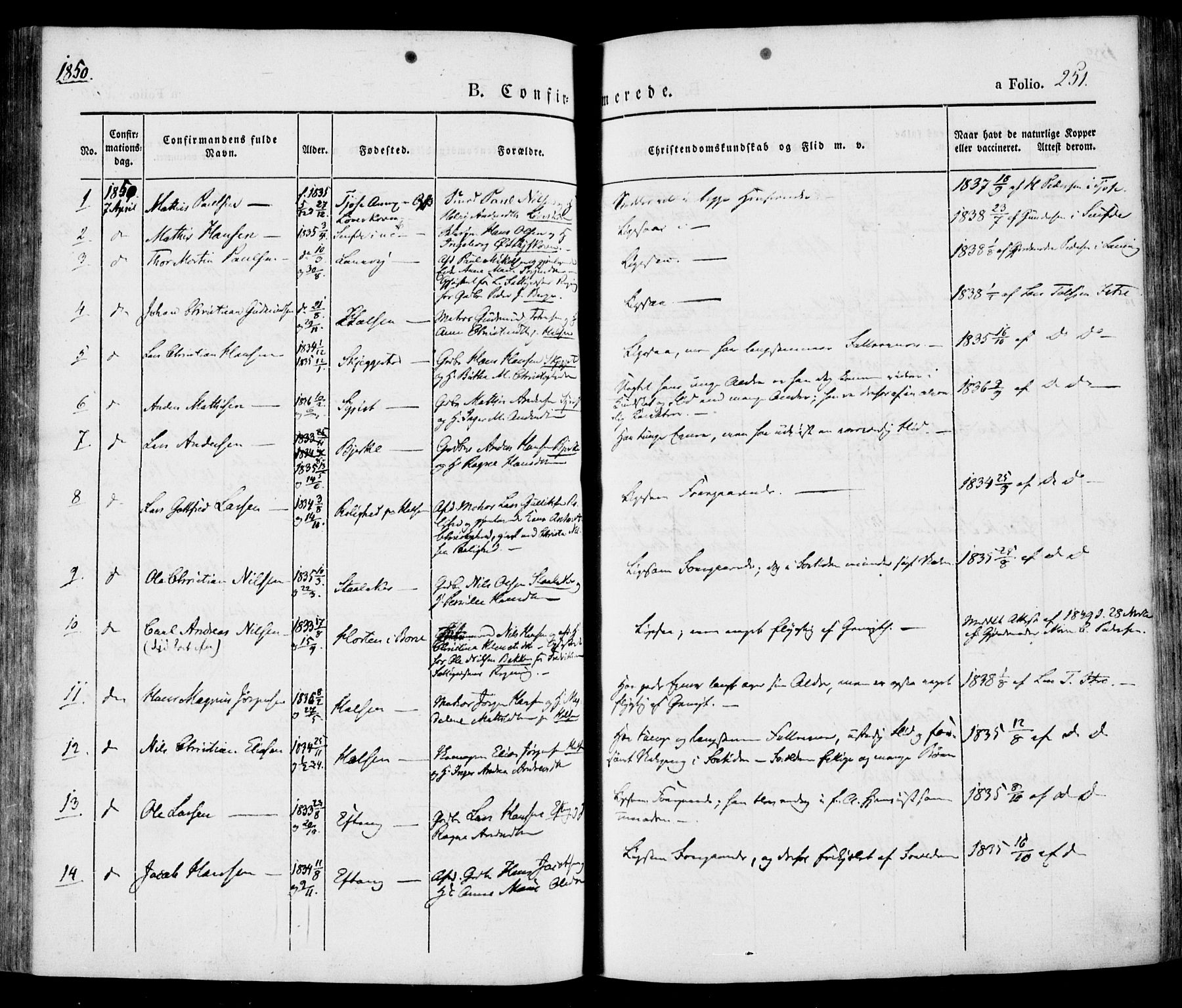 Tjølling kirkebøker, SAKO/A-60/F/Fa/L0006: Parish register (official) no. 6, 1835-1859, p. 251