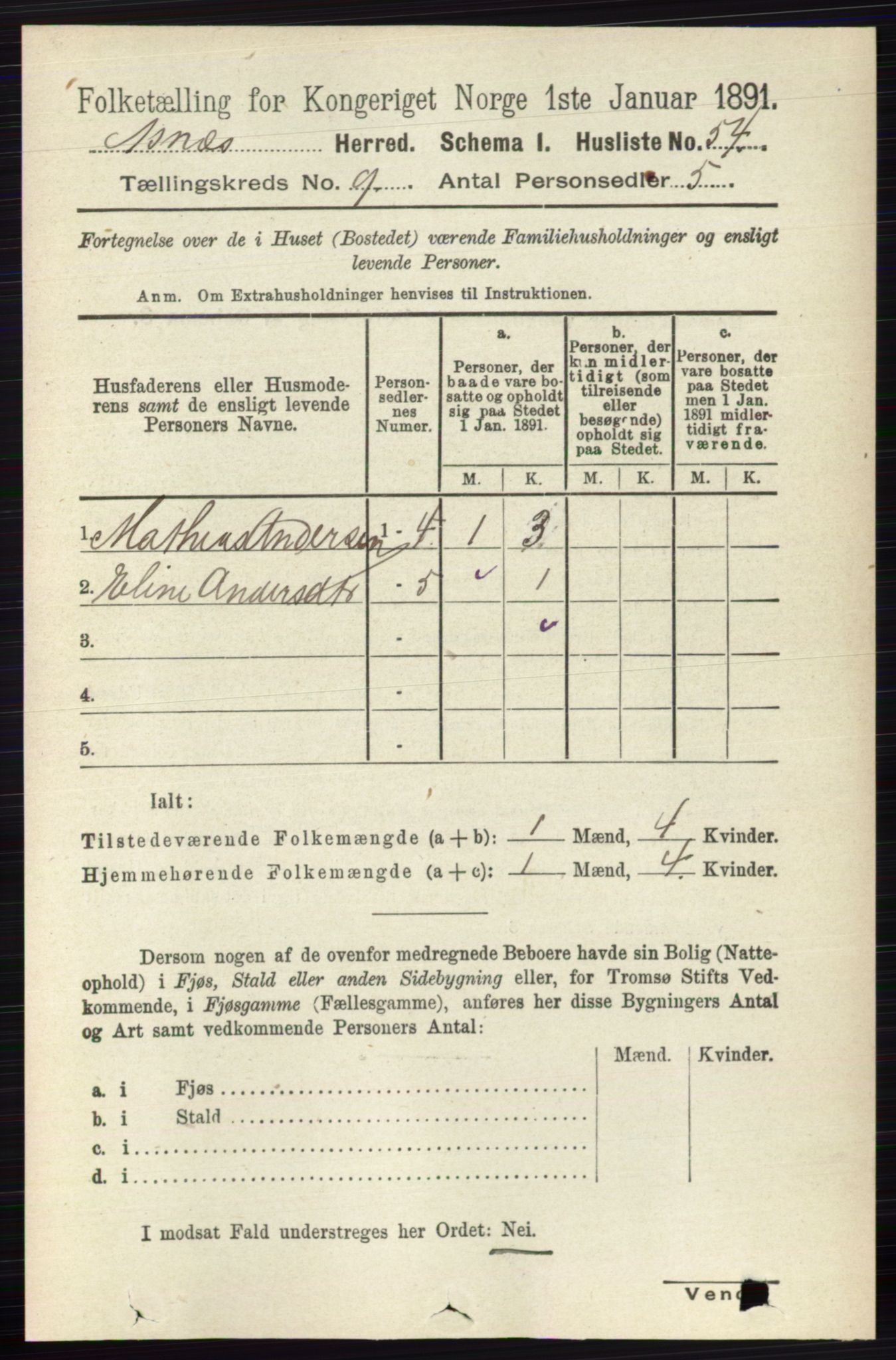 RA, 1891 census for 0425 Åsnes, 1891, p. 4601