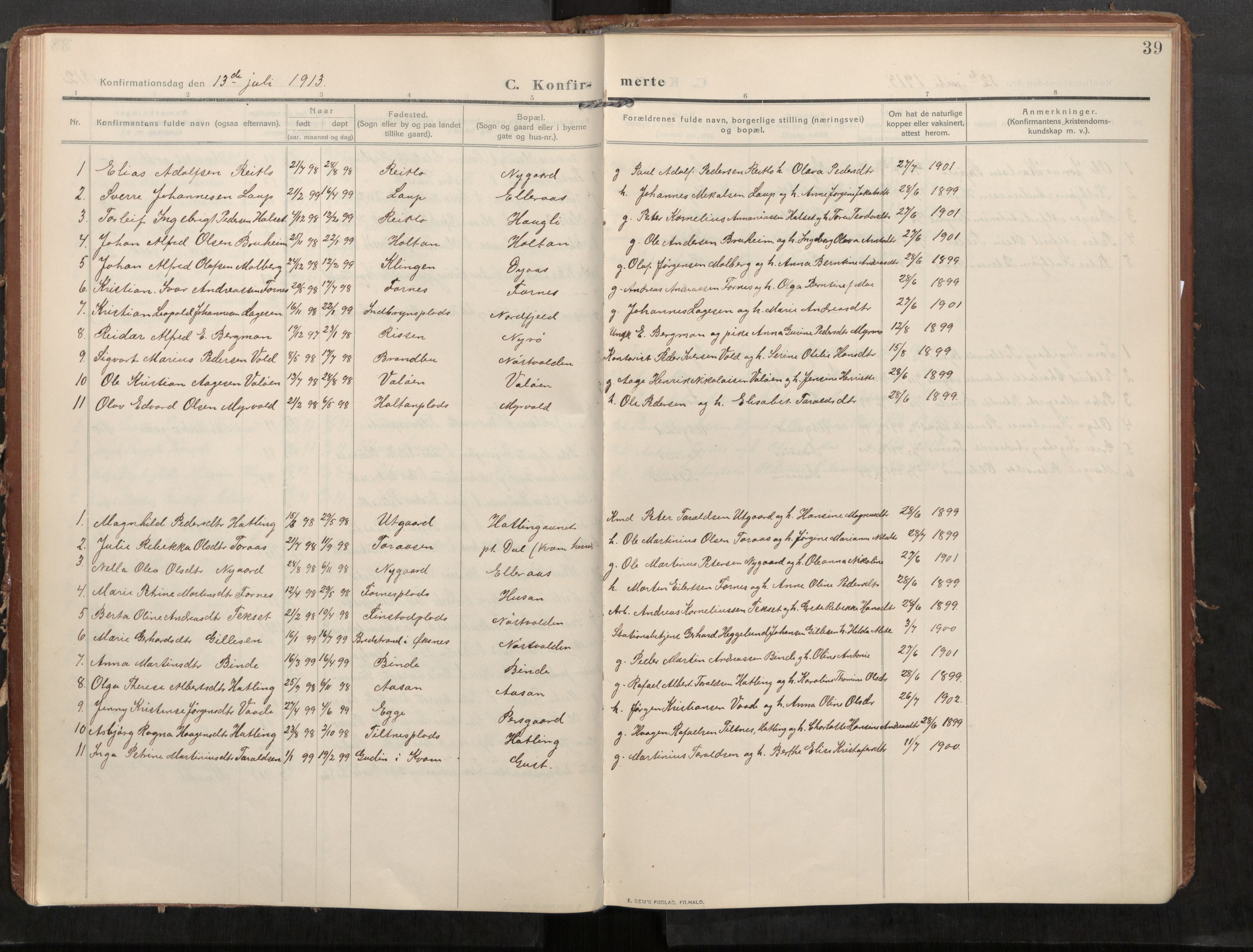 Stod sokneprestkontor, AV/SAT-A-1164/1/I/I1/I1a/L0002: Parish register (official) no. 2, 1909-1922, p. 39