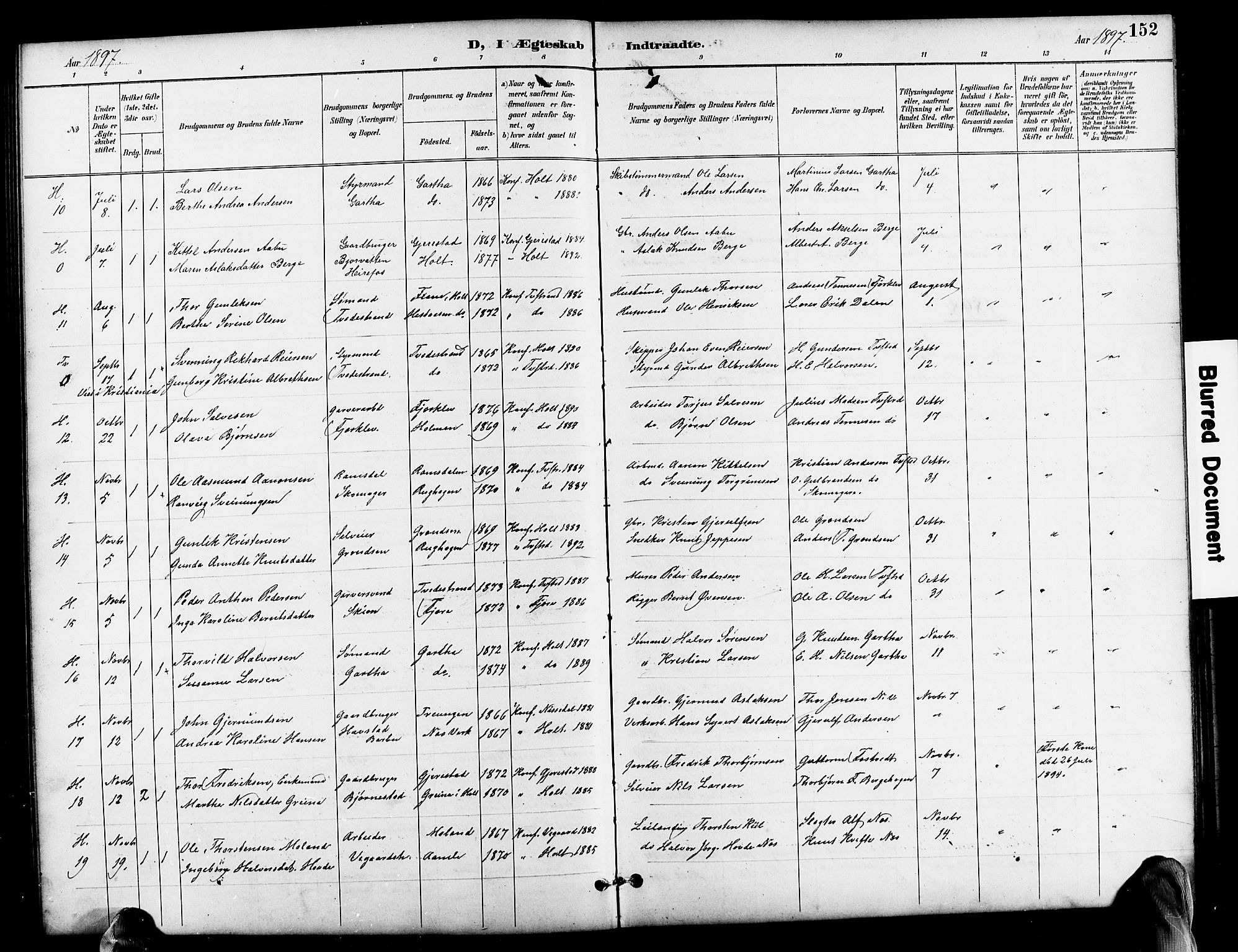 Holt sokneprestkontor, SAK/1111-0021/F/Fb/L0011: Parish register (copy) no. B 11, 1897-1921, p. 152