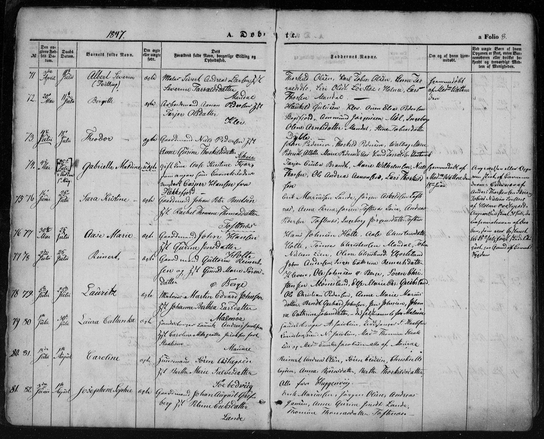 Mandal sokneprestkontor, AV/SAK-1111-0030/F/Fa/Faa/L0013: Parish register (official) no. A 13, 1847-1859, p. 8