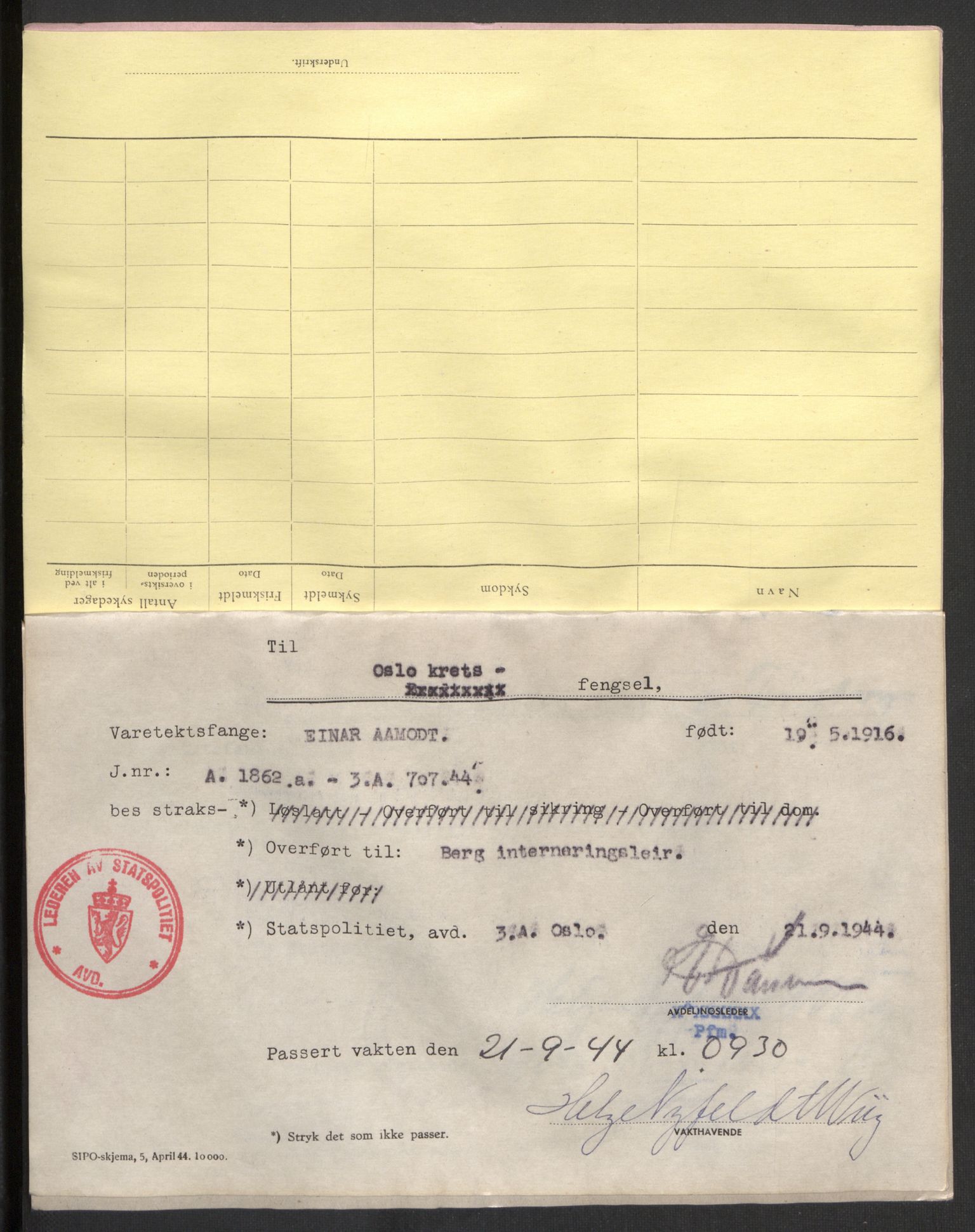 Statspolitiet - Hovedkontoret / Osloavdelingen, AV/RA-S-1329/C/Ck/Cke/L0001: Hovedfengslingsregister, 1944-1945