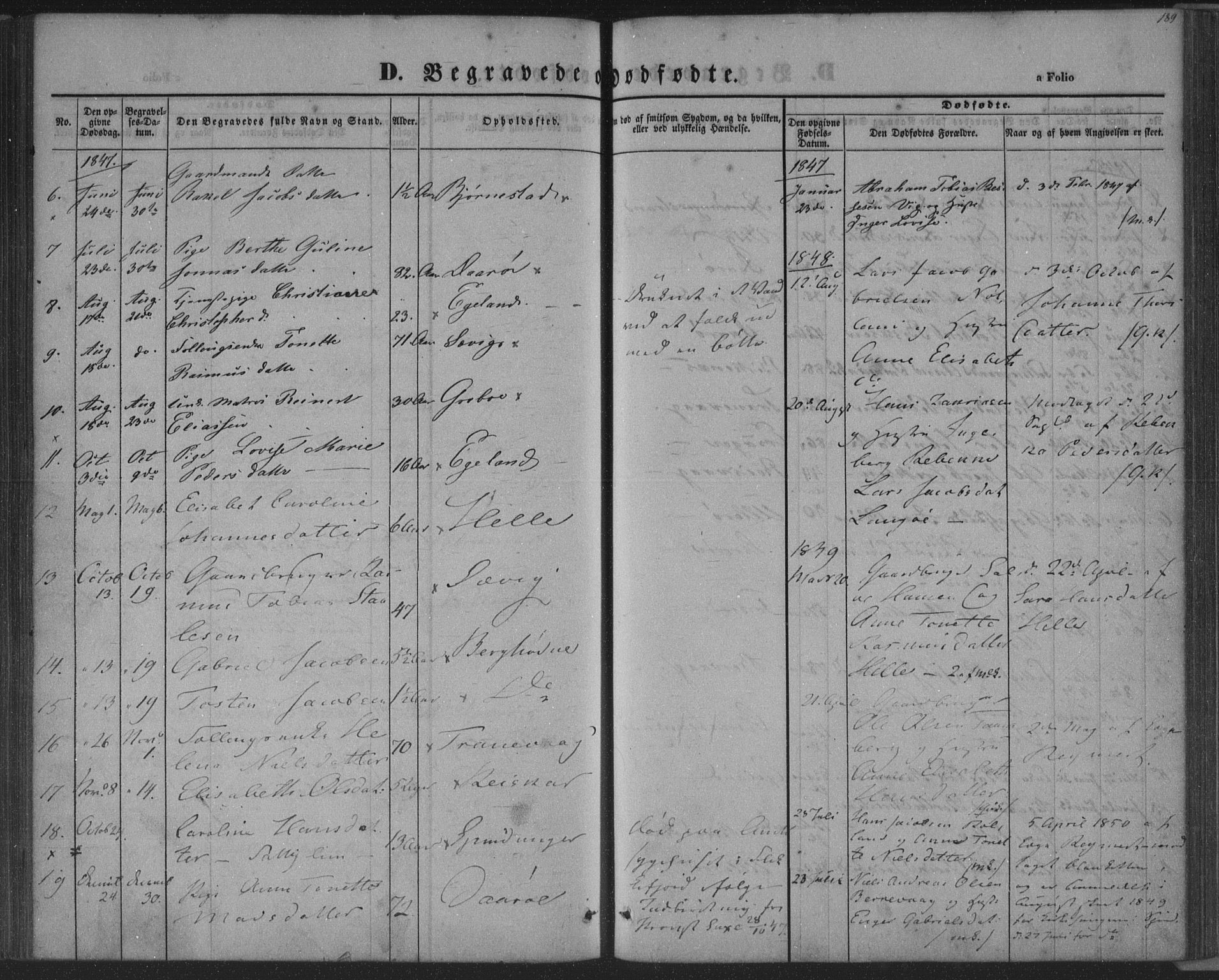 Herad sokneprestkontor, SAK/1111-0018/F/Fa/Fab/L0003: Parish register (official) no. A 3, 1844-1853, p. 189