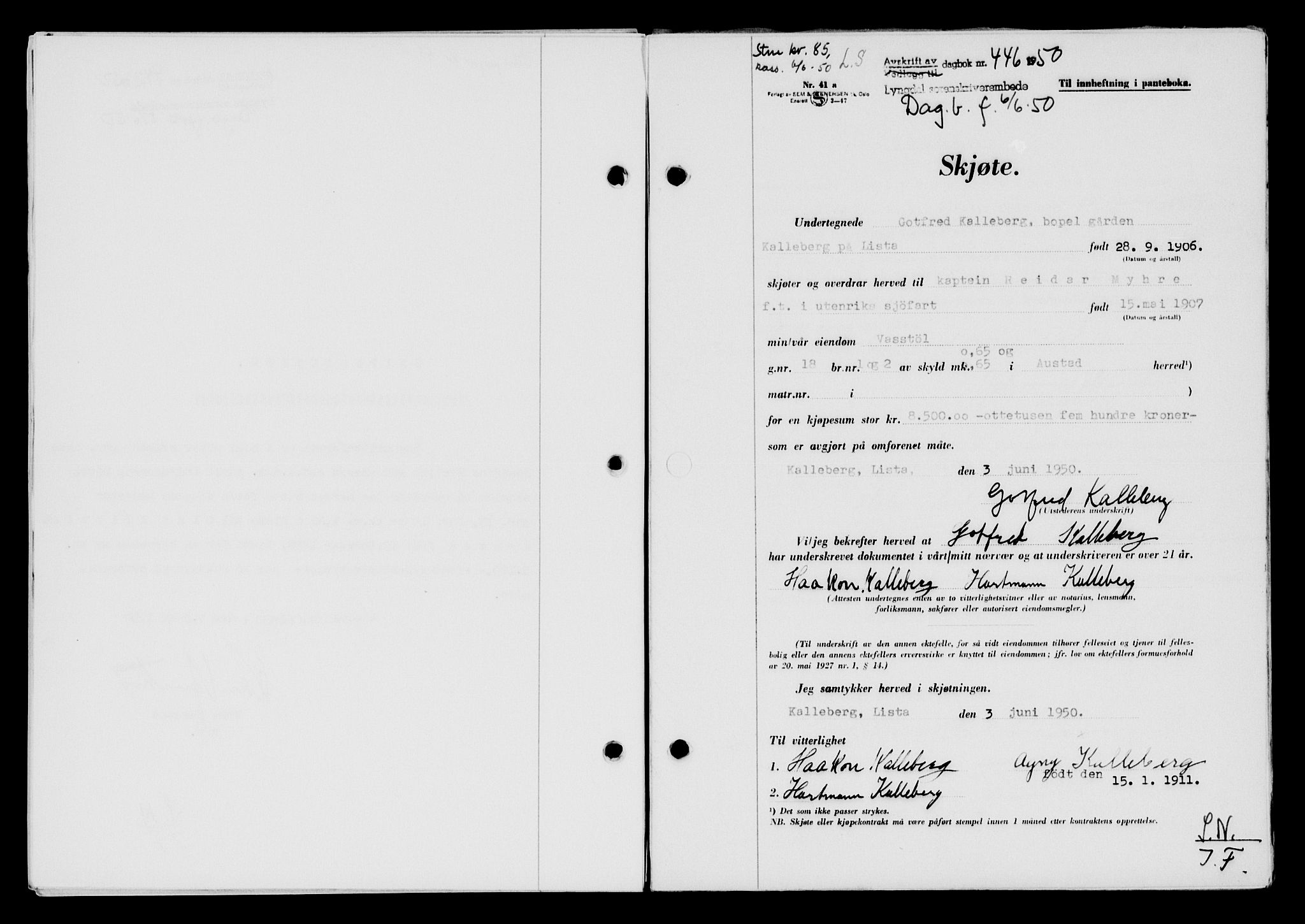 Lyngdal sorenskriveri, AV/SAK-1221-0004/G/Gb/L0665: Mortgage book no. A XI, 1950-1950, Diary no: : 446/1950