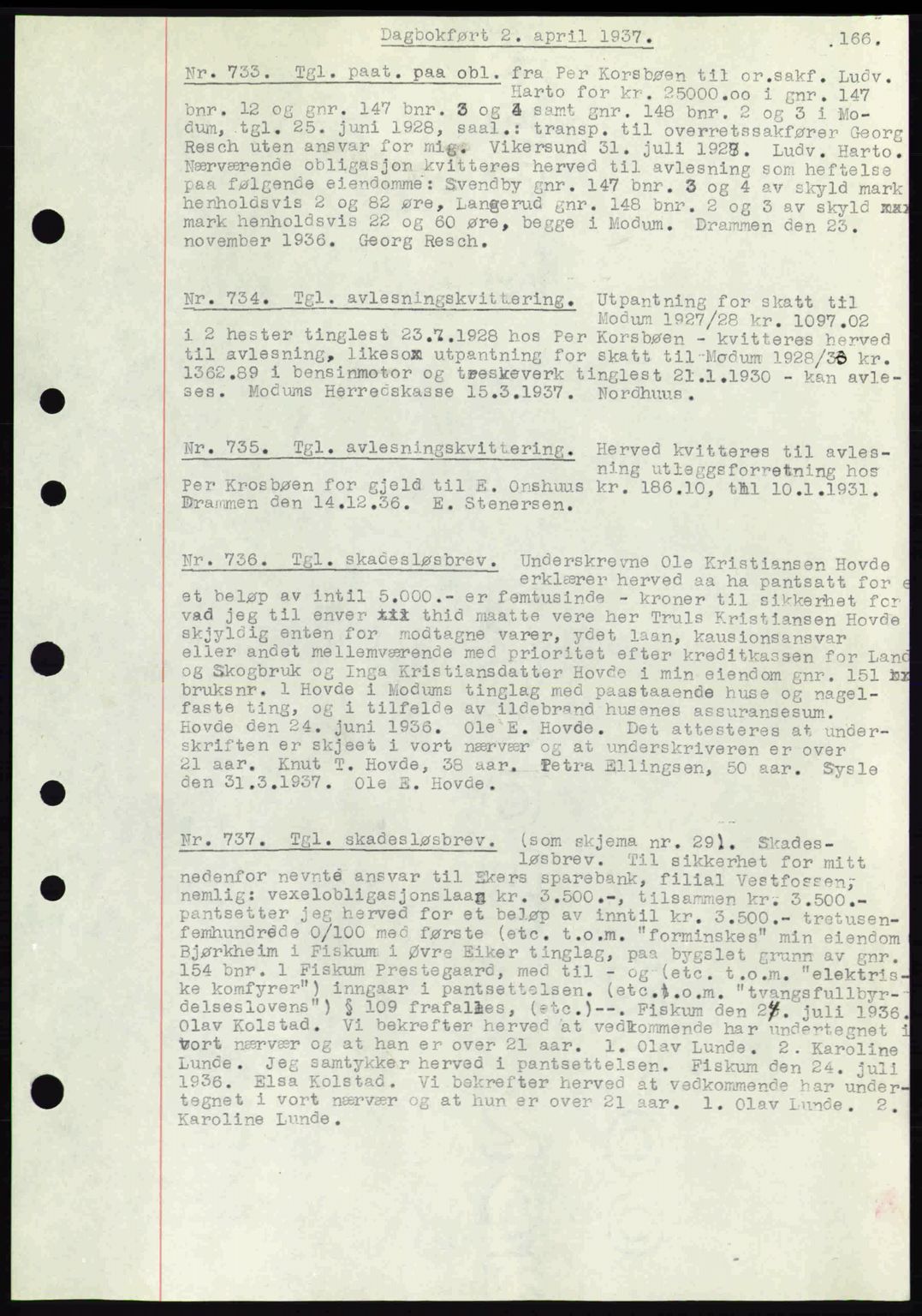 Eiker, Modum og Sigdal sorenskriveri, SAKO/A-123/G/Ga/Gab/L0035: Mortgage book no. A5, 1937-1937, Diary no: : 733/1937