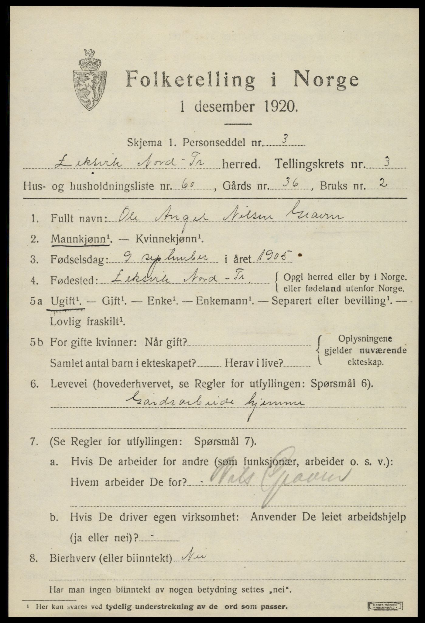 SAT, 1920 census for Leksvik, 1920, p. 3492