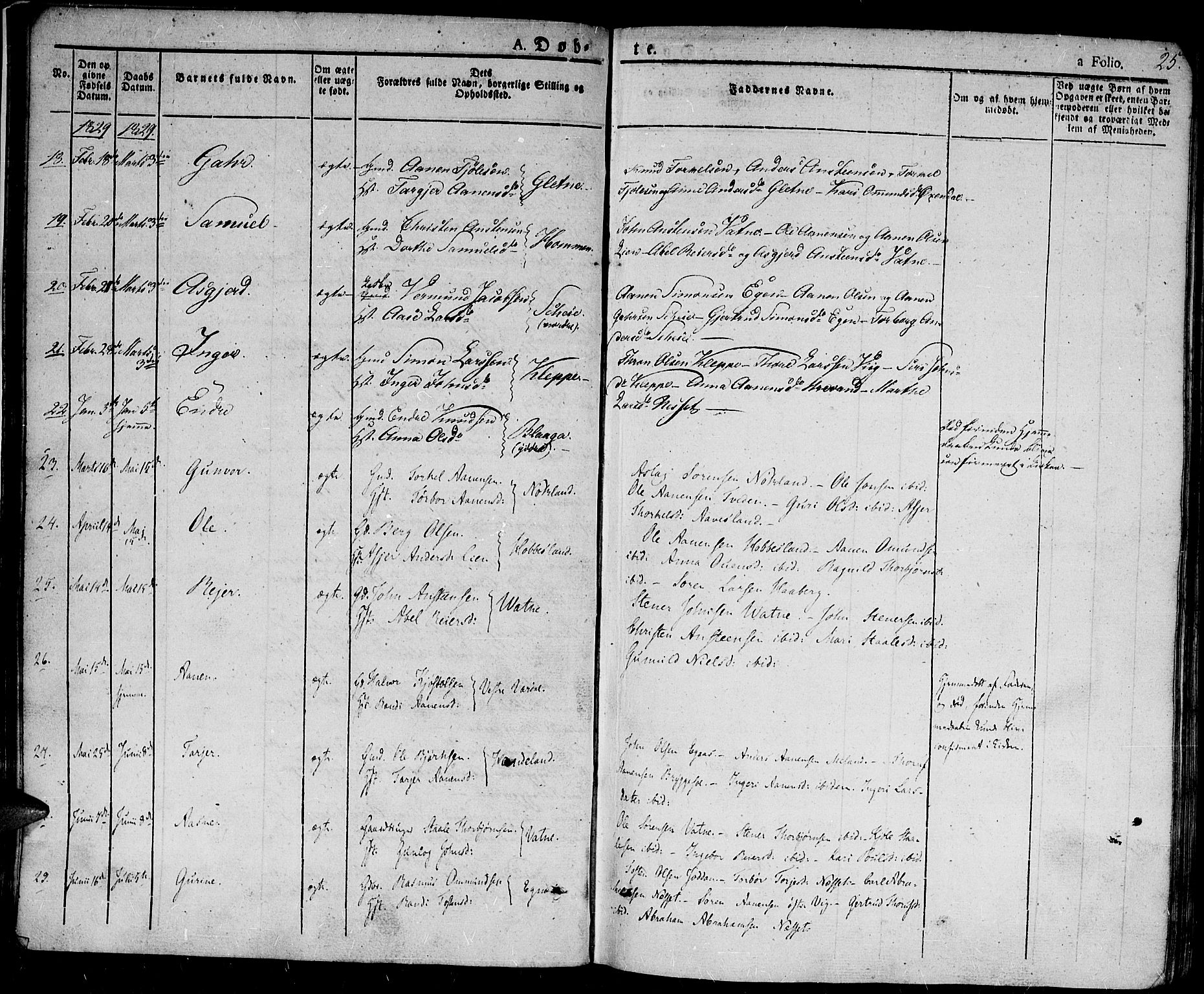 Hægebostad sokneprestkontor, AV/SAK-1111-0024/F/Fa/Fab/L0001: Parish register (official) no. A 1, 1823-1867, p. 25