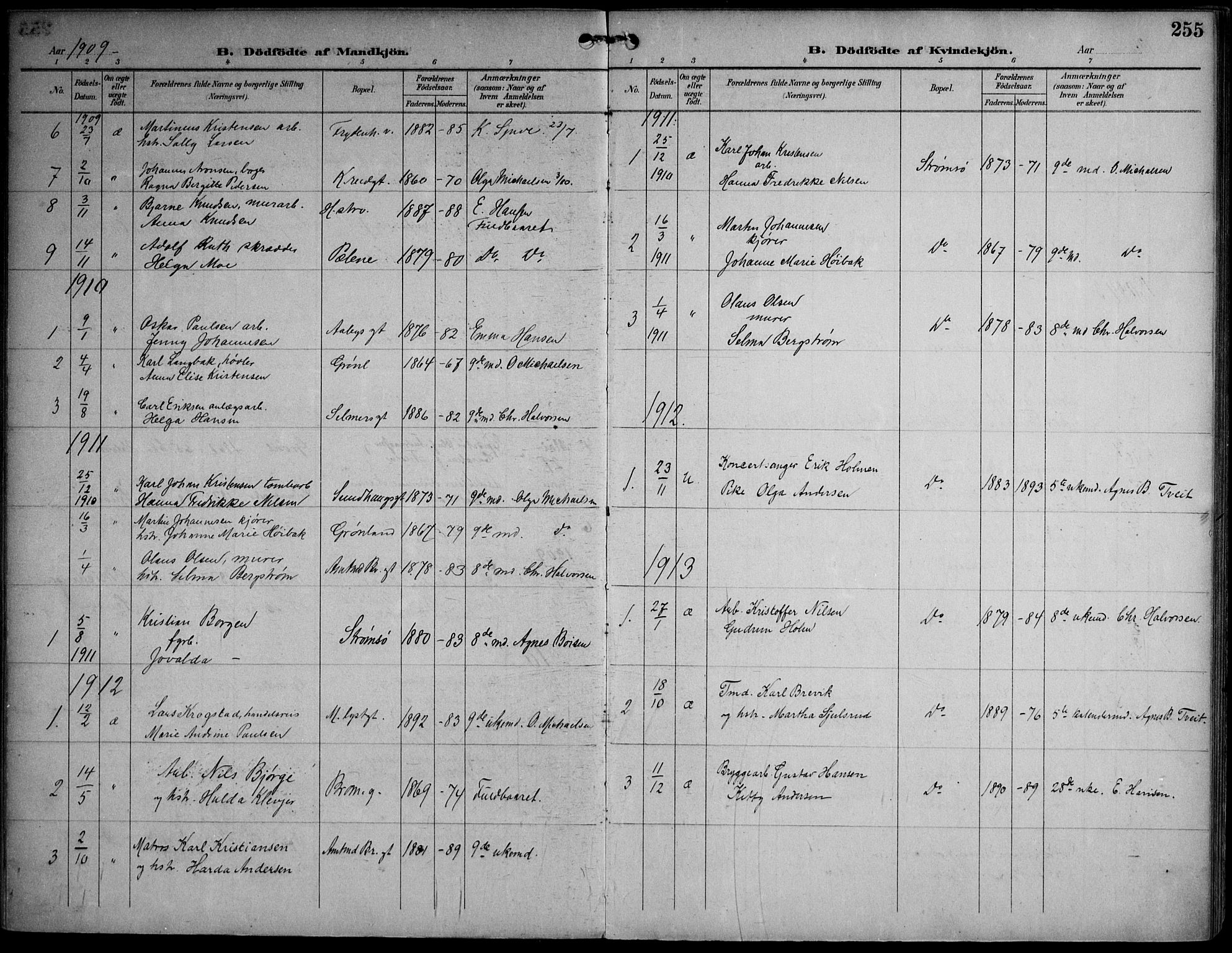 Strømsø kirkebøker, AV/SAKO-A-246/F/Fa/L0026: Parish register (official) no. I 26, 1905-1914, p. 255