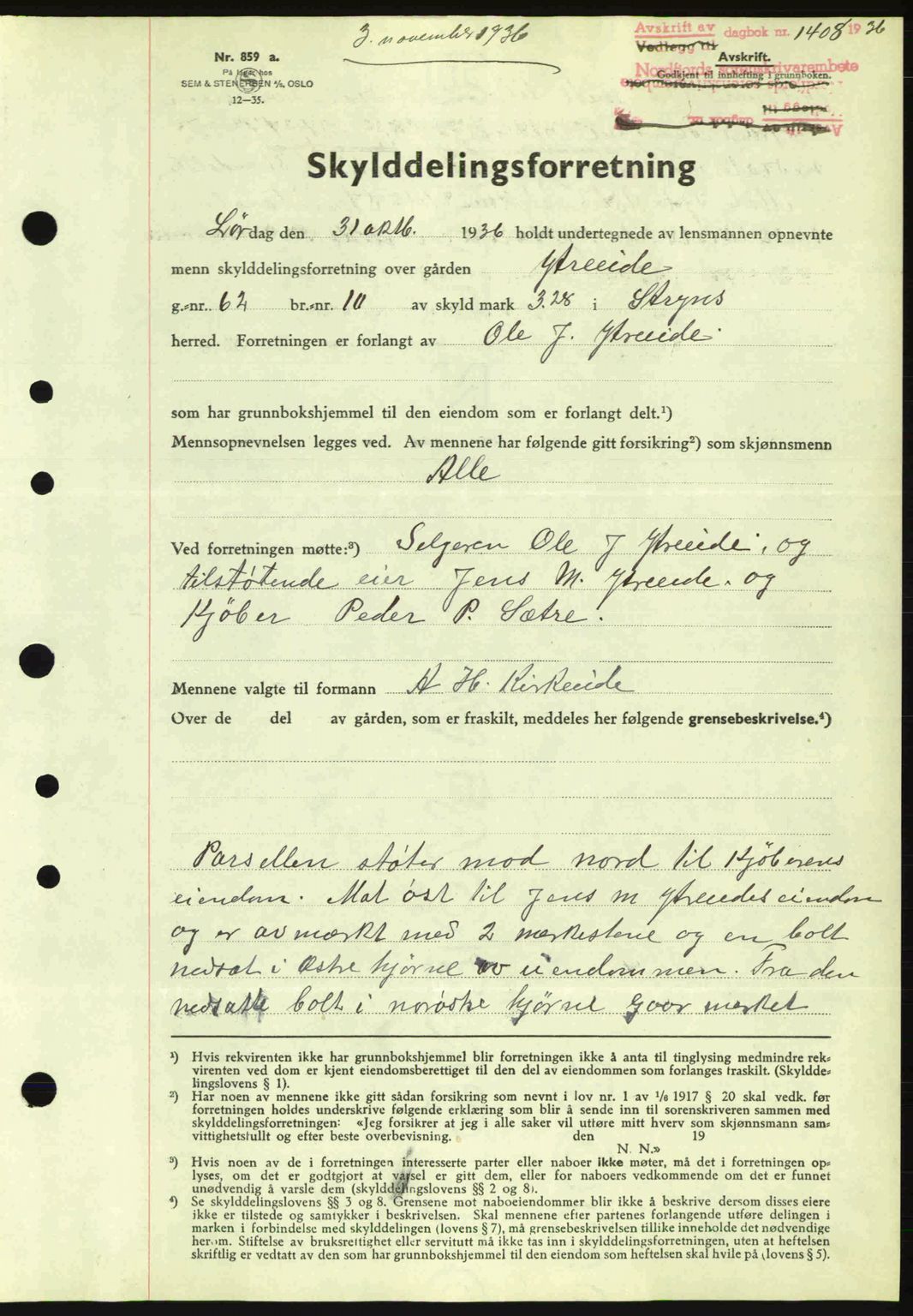 Nordfjord sorenskriveri, AV/SAB-A-2801/02/02b/02bj/L0001: Mortgage book no. A1, 1936-1937, Diary no: : 1405/1936