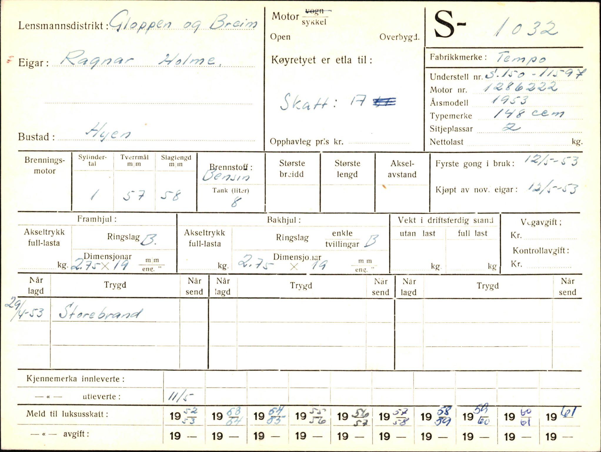 Statens vegvesen, Sogn og Fjordane vegkontor, AV/SAB-A-5301/4/F/L0003: Registerkort utmeldte Fjordane S1000-2499, 1930-1961, p. 58