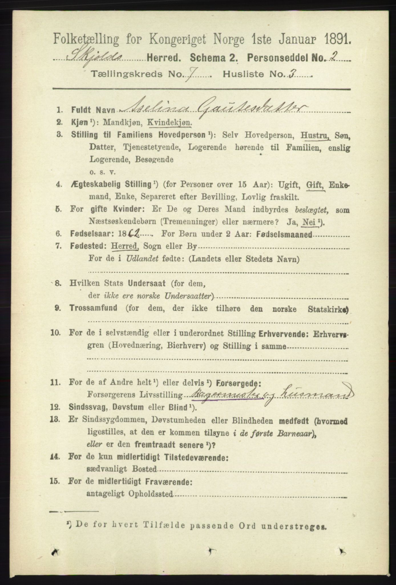 RA, 1891 census for 1154 Skjold, 1891, p. 1358