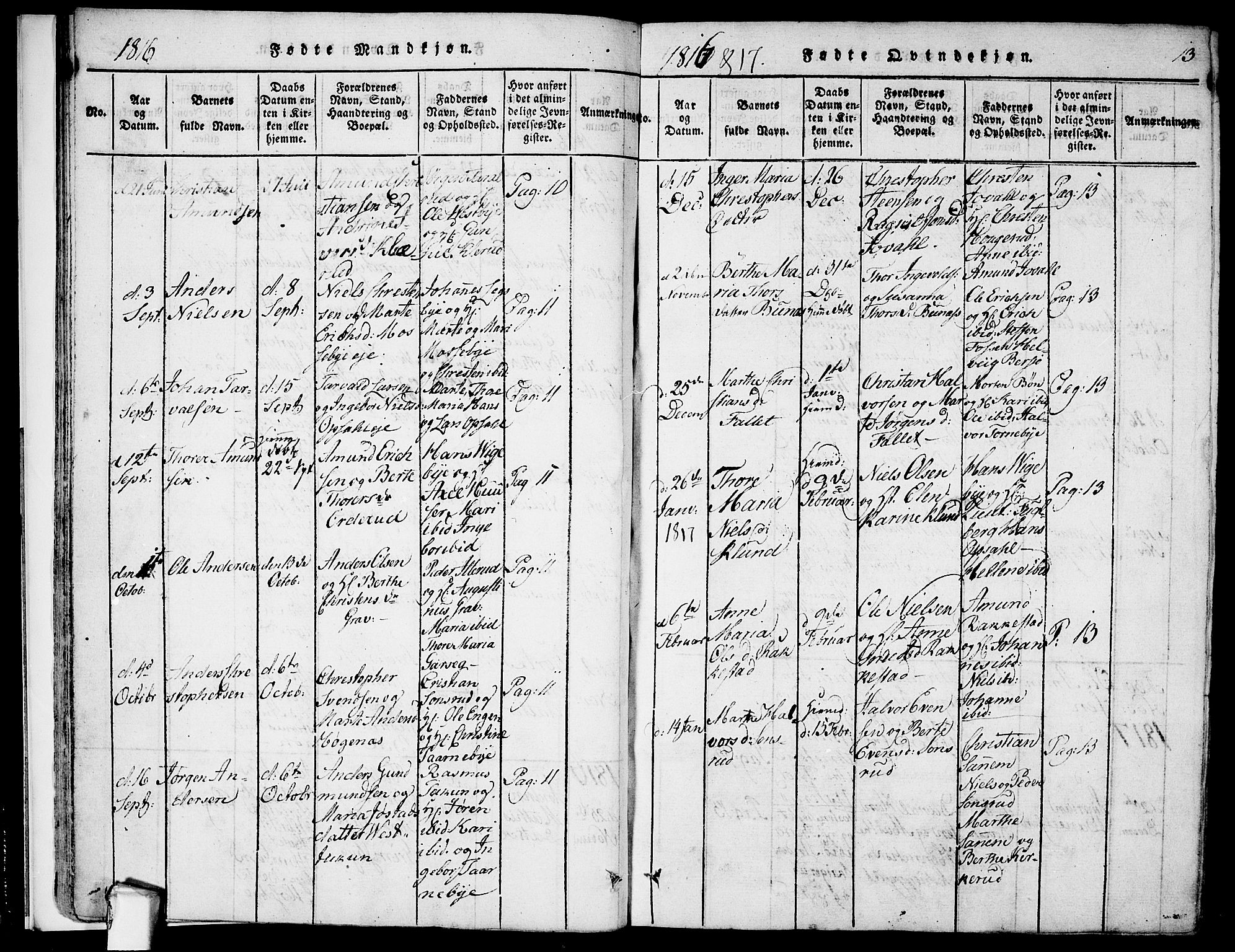 Rødenes prestekontor Kirkebøker, SAO/A-2005/F/Fa/L0004: Parish register (official) no. I 4, 1814-1838, p. 13