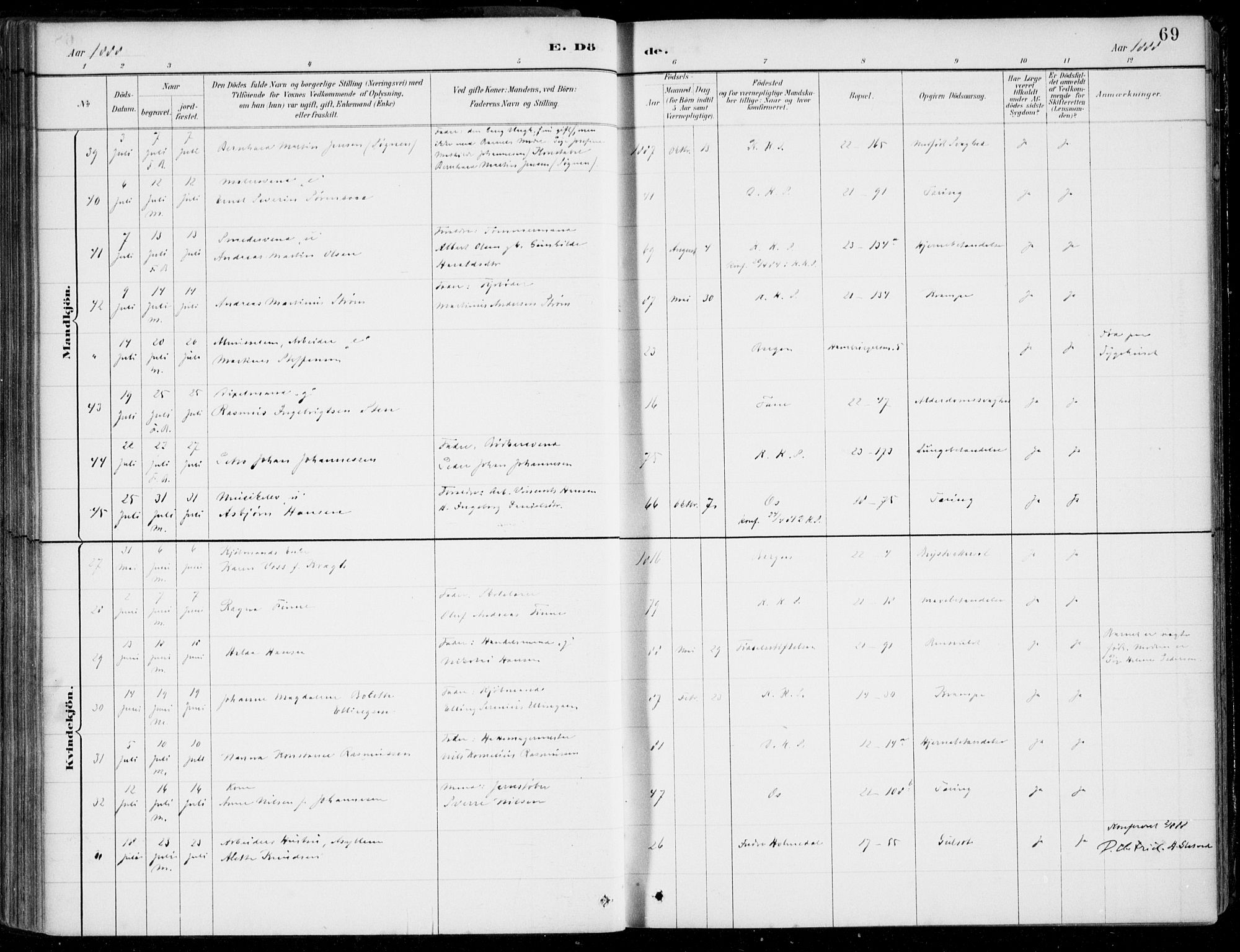 Korskirken sokneprestembete, AV/SAB-A-76101/H/Hab: Parish register (copy) no. E 4, 1884-1910, p. 69