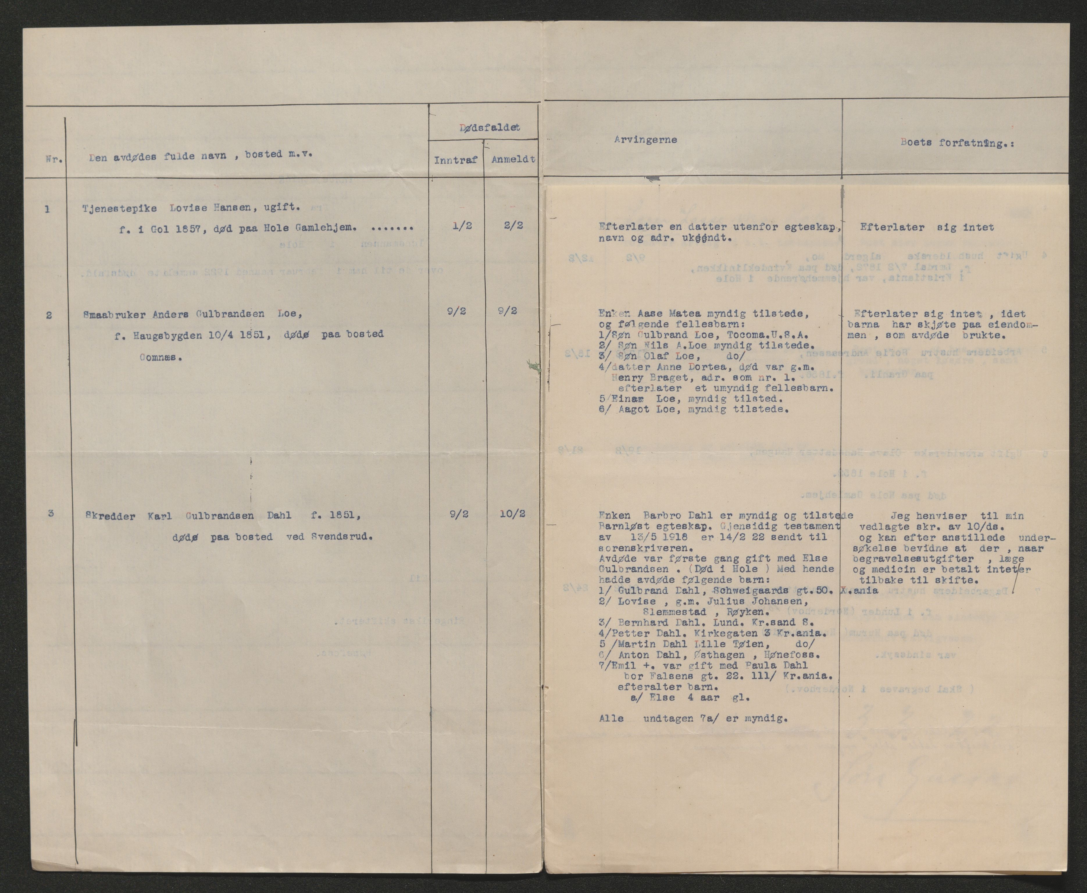 Ringerike sorenskriveri, AV/SAKO-A-105/H/Ha/Hab/L0020: Dødsfallslister Hole, 1918-1925