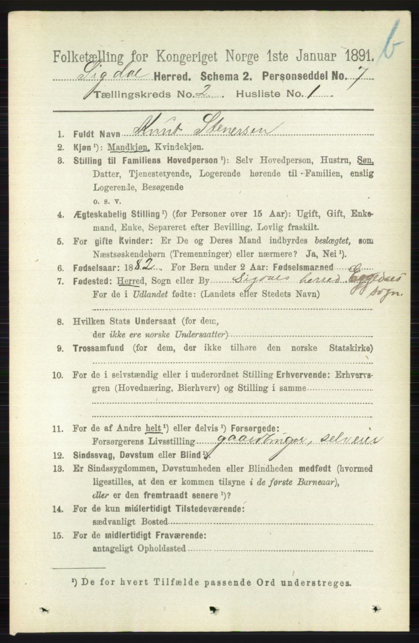 RA, 1891 census for 0621 Sigdal, 1891, p. 3924