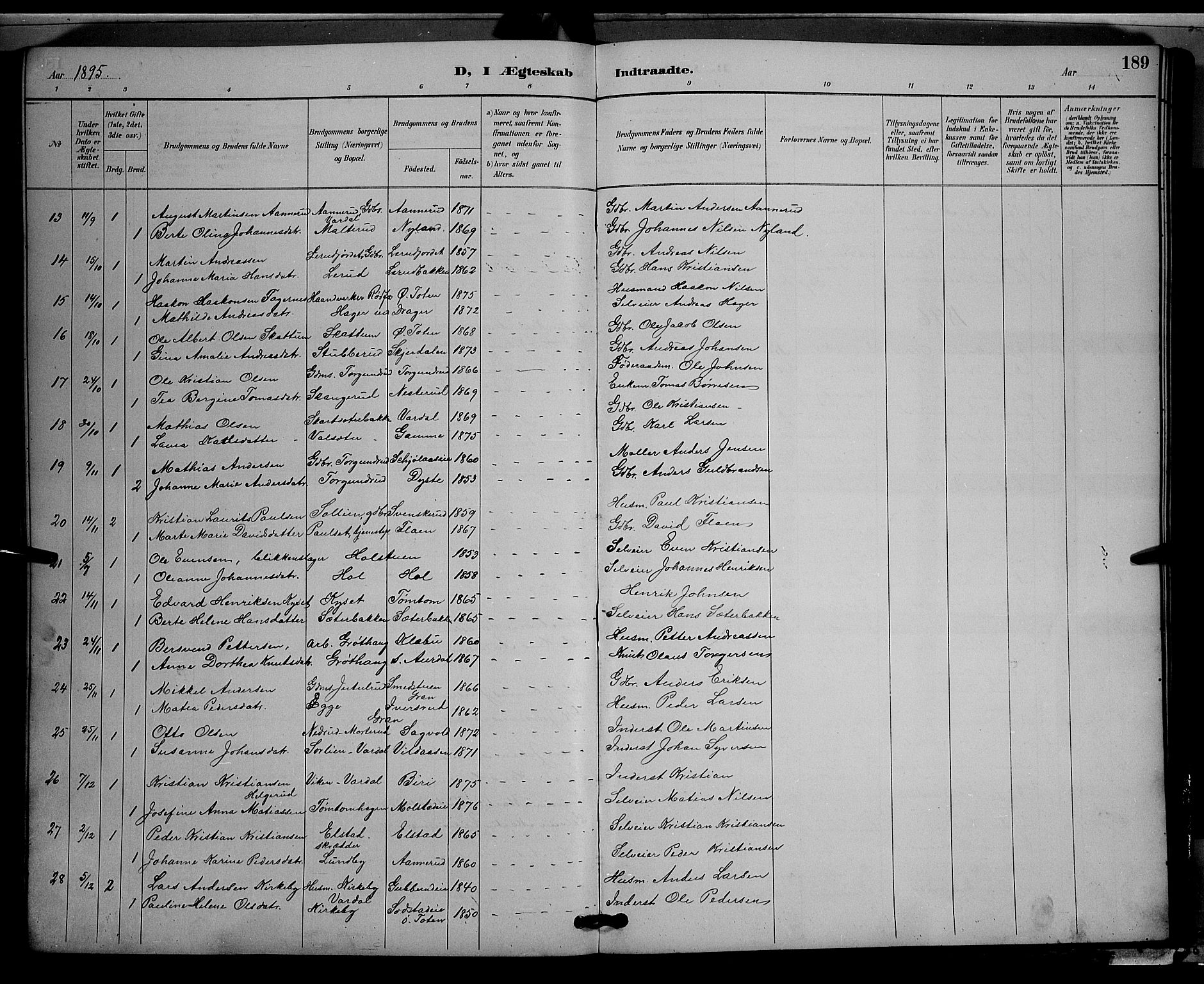 Vestre Toten prestekontor, SAH/PREST-108/H/Ha/Hab/L0009: Parish register (copy) no. 9, 1888-1900, p. 189